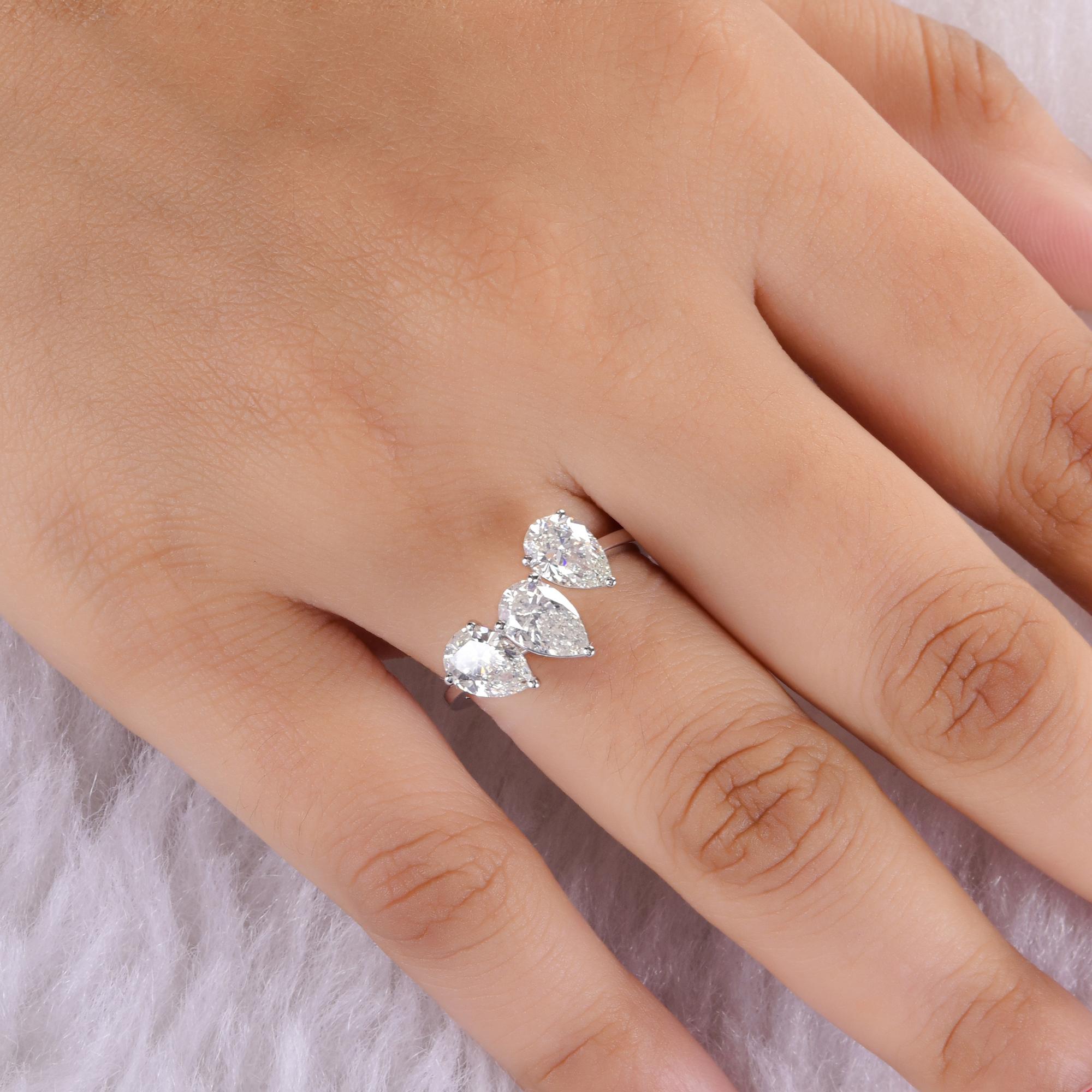 Pear Cut Natural 2.17 Carat SI/H Three Pear Brilliant Cut Diamond Ring 18k White Gold For Sale
