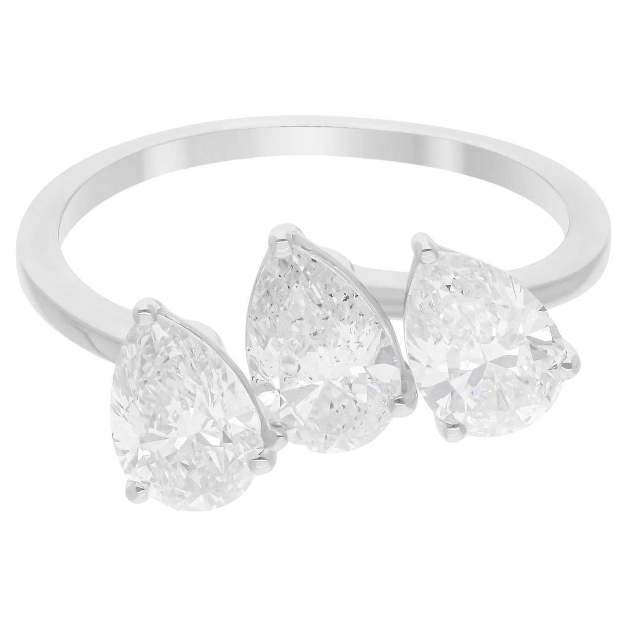 Natural 2.17 Carat SI/H Three Pear Brilliant Cut Diamond Ring 18k White Gold