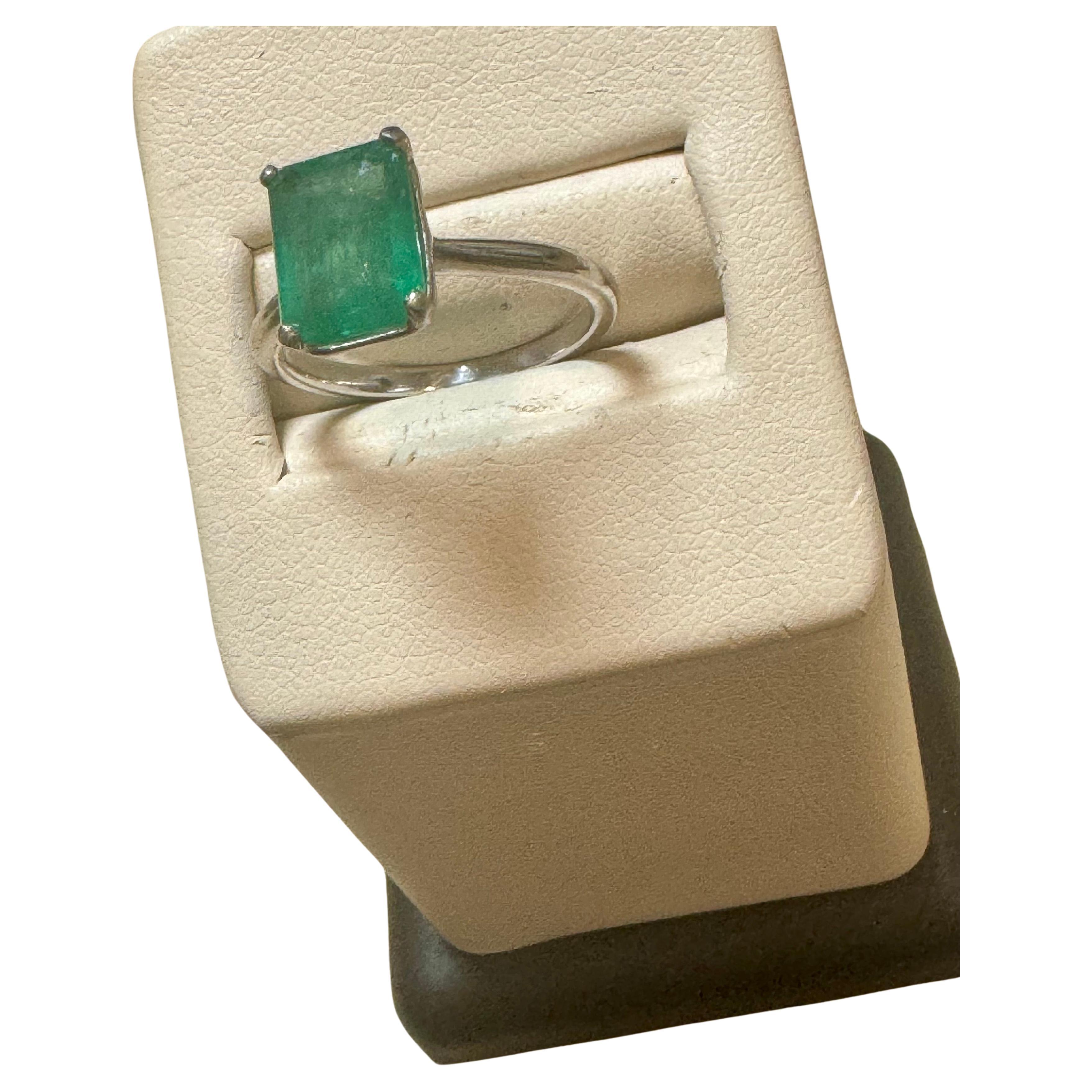 Natural 2.2 Carat Emerald Cut Zambian Emerald Ring in Platinum, Estate, Size 5.5 For Sale