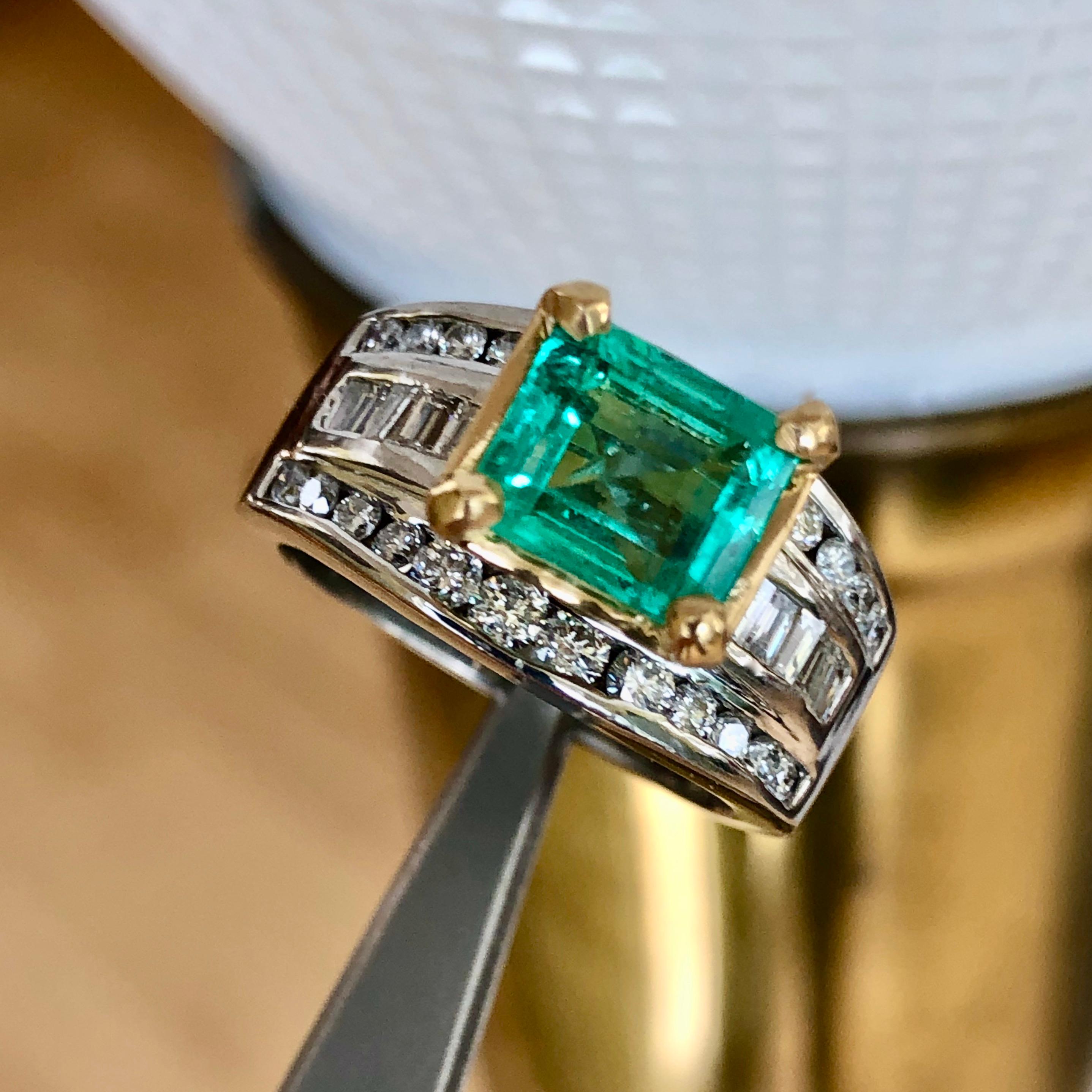 Custom Engagement Emerald Diamond Ring Set with a Sparkling Natural Colombian Emerald Medium Green 1.50 Carats and Natural white Diamonds 0.70 Carats G-VS. Total Gemstone Weight 2.20 Carats. 
This gorgeous ring is unique and well hand made!