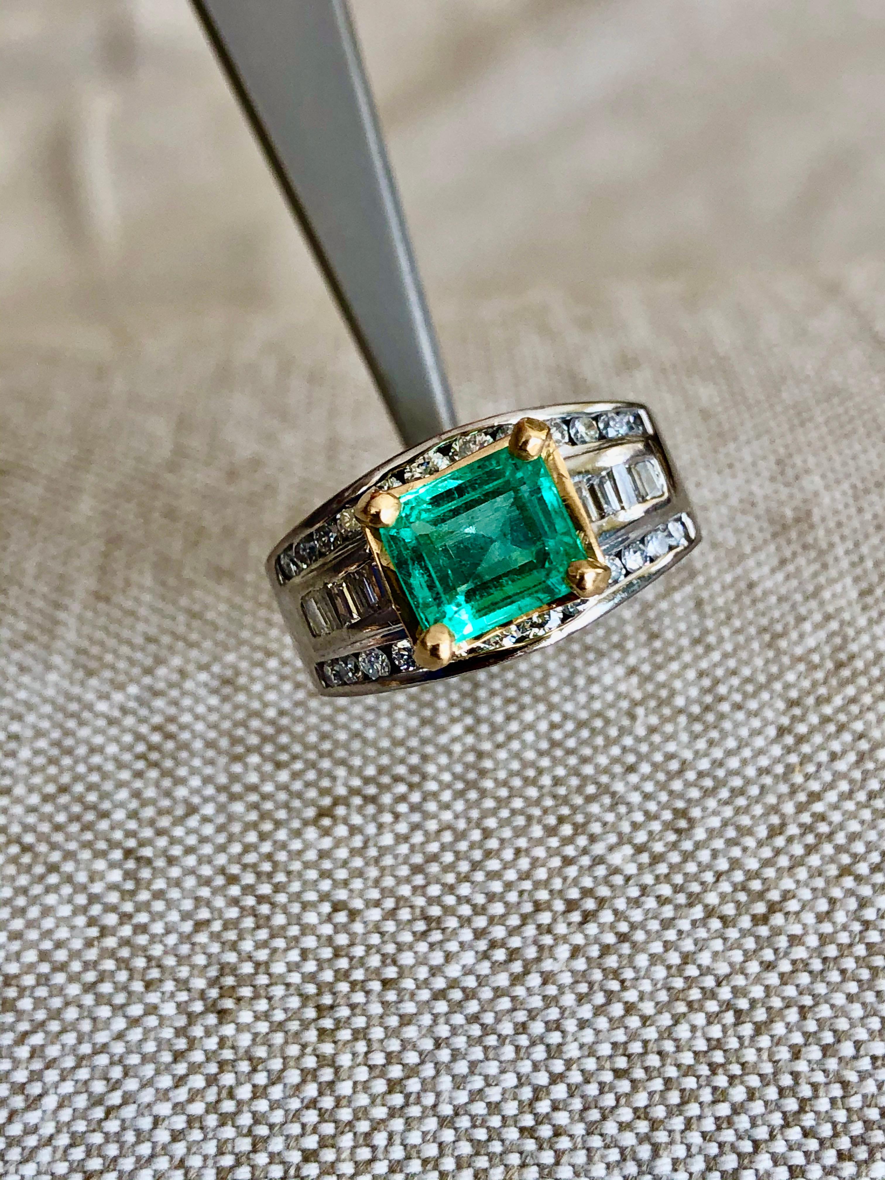 Modern Natural 2.20 Carat Colombian Emerald Diamond Palladium and 18 Karat Ring