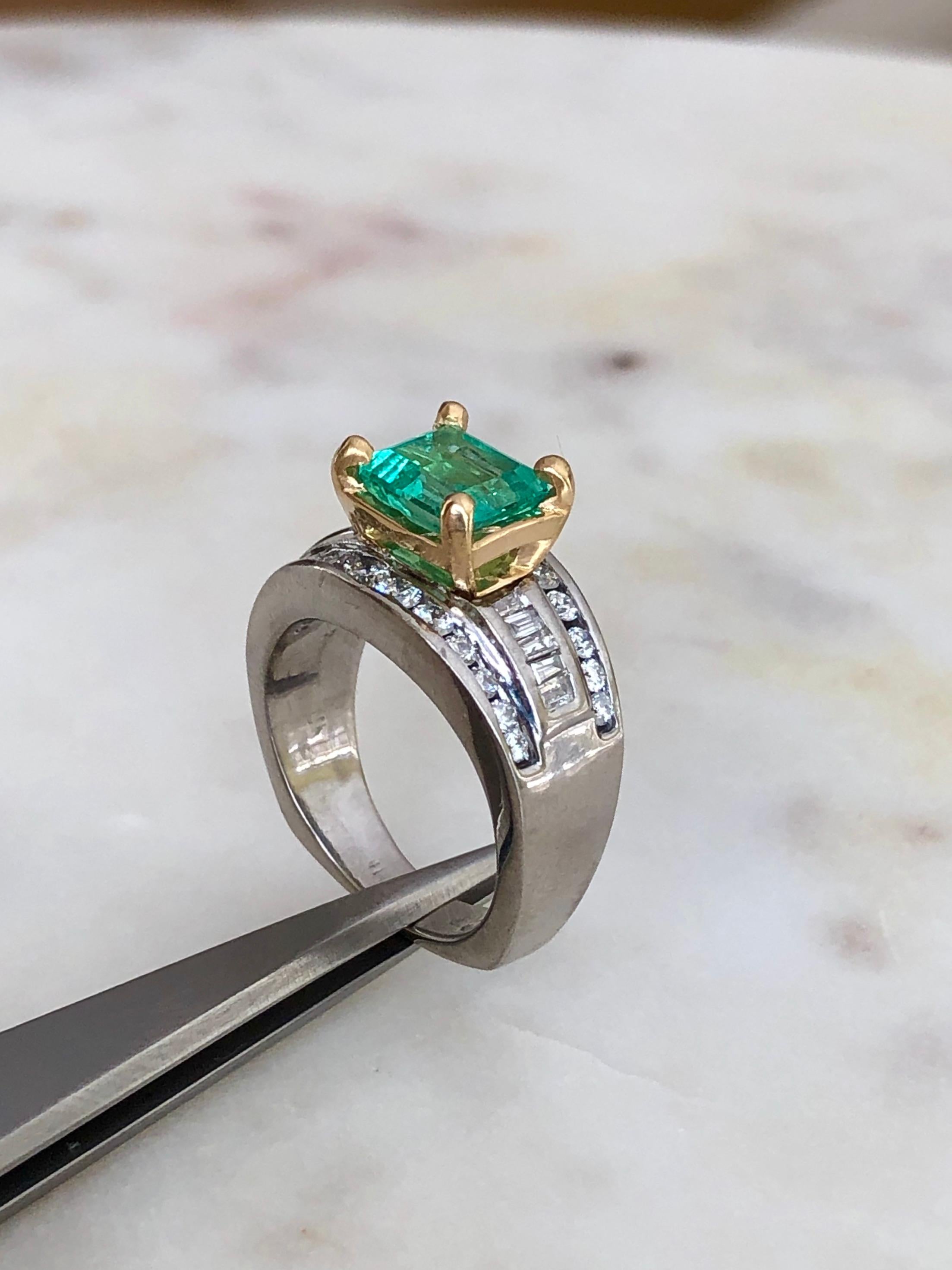 Emerald Cut Natural 2.20 Carat Colombian Emerald Diamond Palladium and 18 Karat Ring