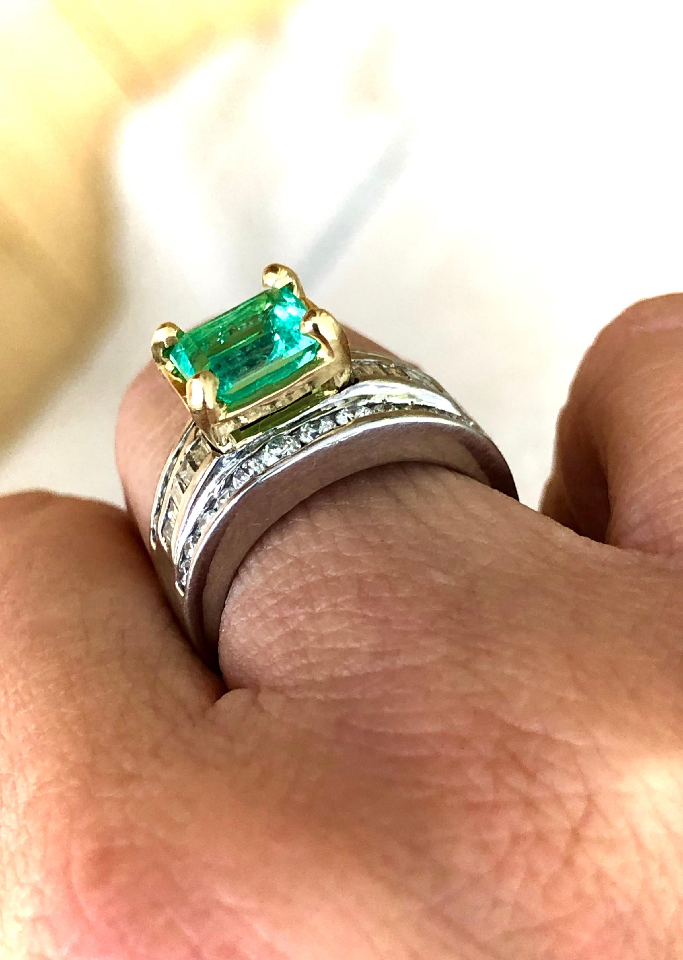 Natural 2.20 Carat Colombian Emerald Diamond Palladium and 18 Karat Ring 1