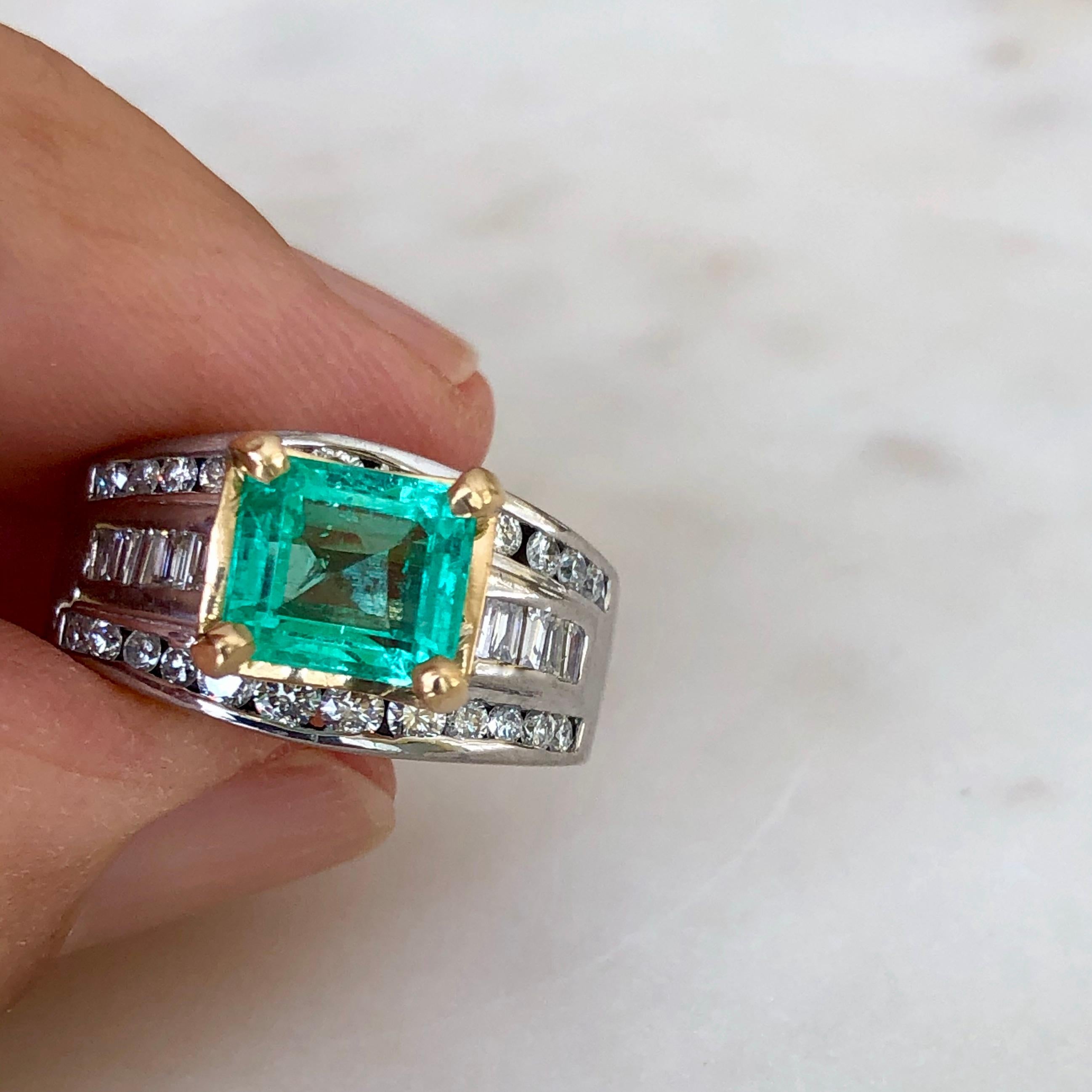 Natural 2.20 Carat Colombian Emerald Diamond Palladium and 18 Karat Ring 5