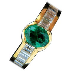 Natural 2.20 Carat Vivid Green Emerald Diamond Ring Baguette VS