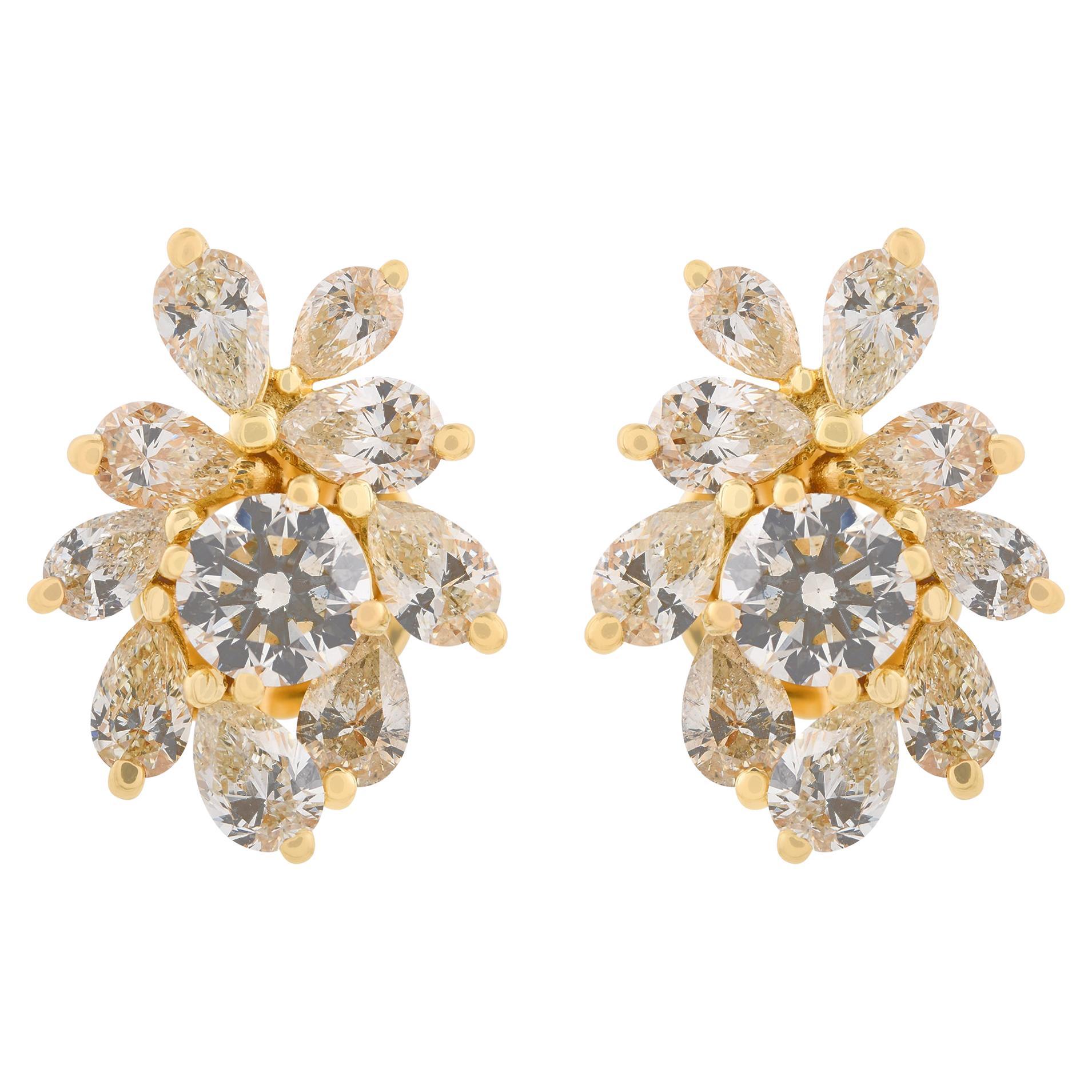 Clous d'oreilles en or jaune 18 carats avec diamants ronds taille poire de 2,20 carats SI/H