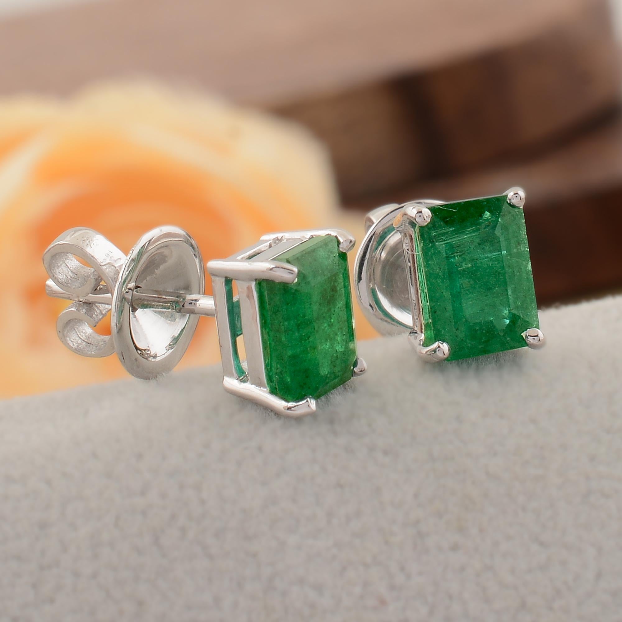Modern Natural 2.26 Carat Zambian Emerald Gemstone Stud Earrings 18 Karat White Gold For Sale