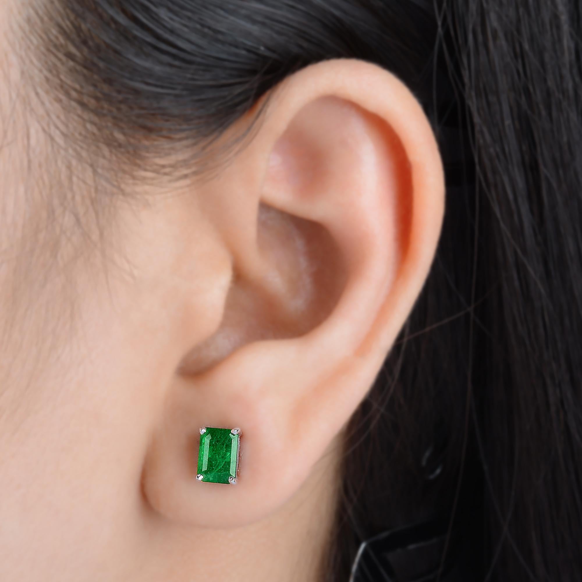 Emerald Cut Natural 2.26 Carat Zambian Emerald Gemstone Stud Earrings 18 Karat White Gold For Sale