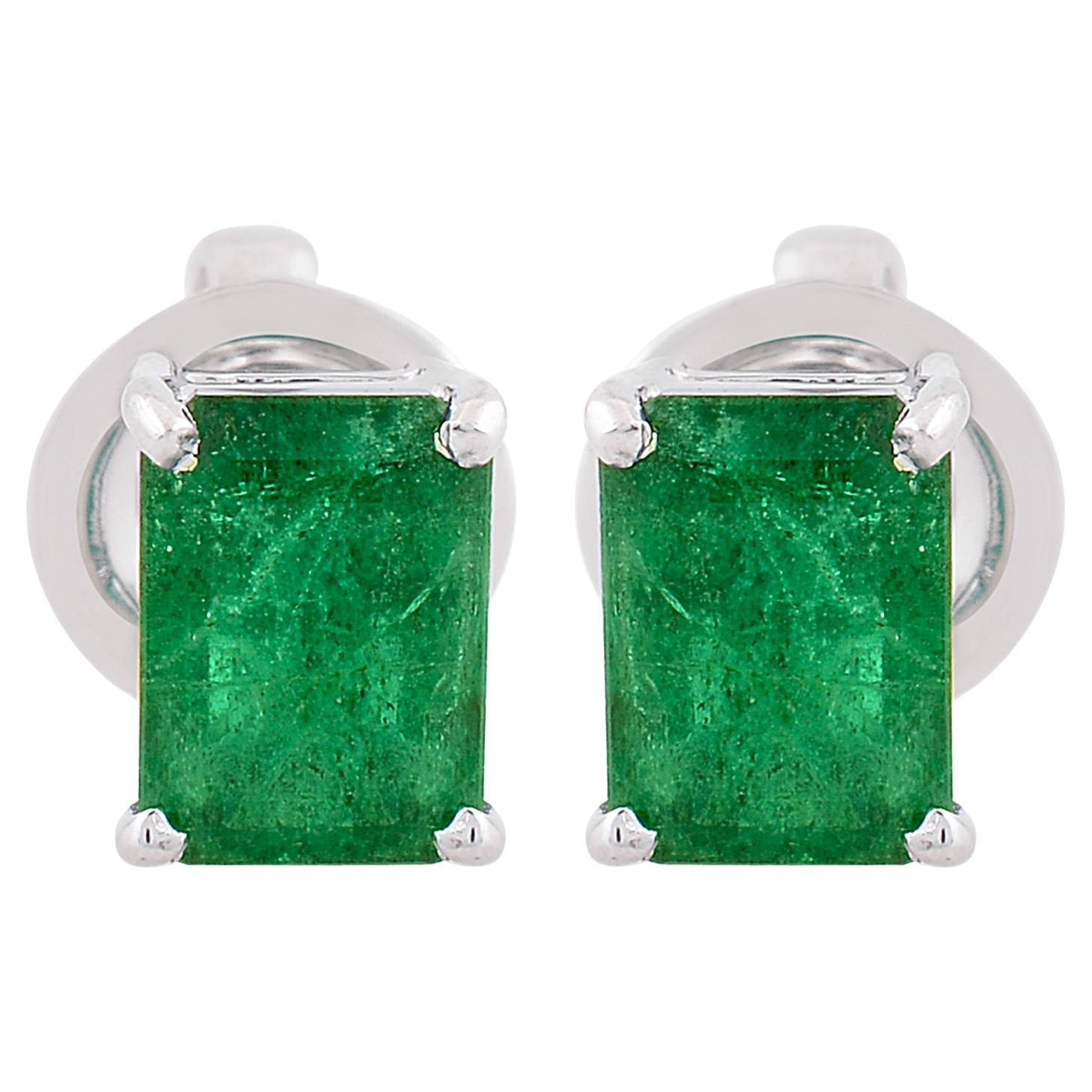 Natural 2.26 Carat Zambian Emerald Gemstone Stud Earrings 18 Karat White Gold For Sale