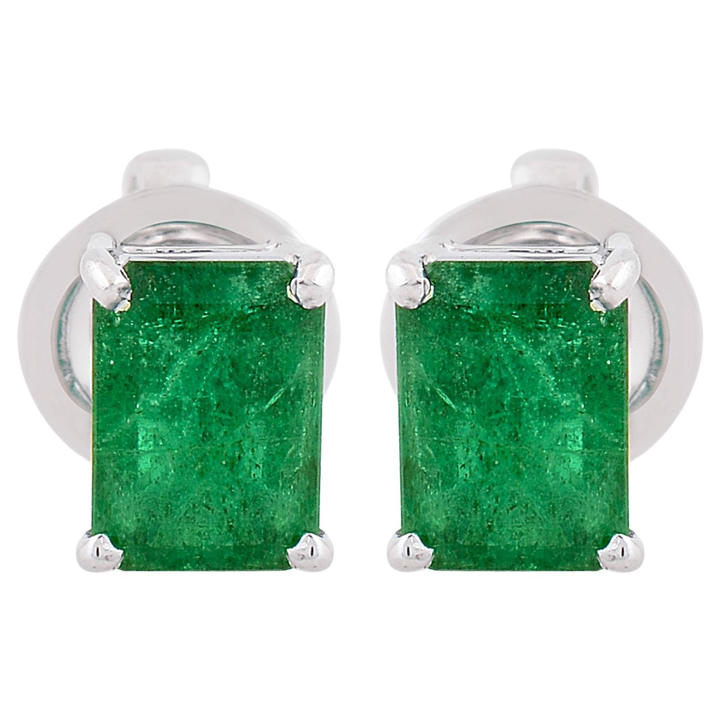 Natural 2.26 Carat Zambian Emerald Gemstone Stud Earrings 18 Karat White Gold For Sale