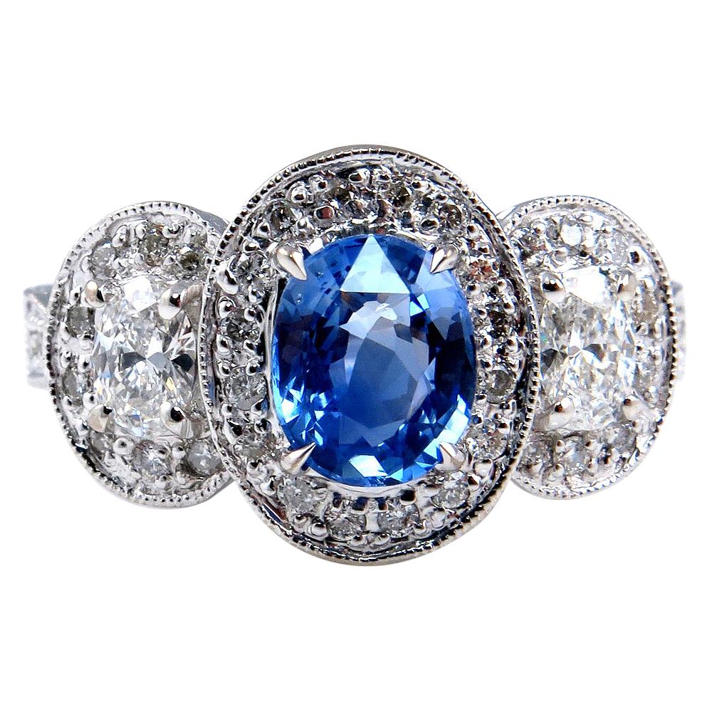 Natural 2.28 Carat Blue Sapphire and Diamond Anniversary White Gold Ring
