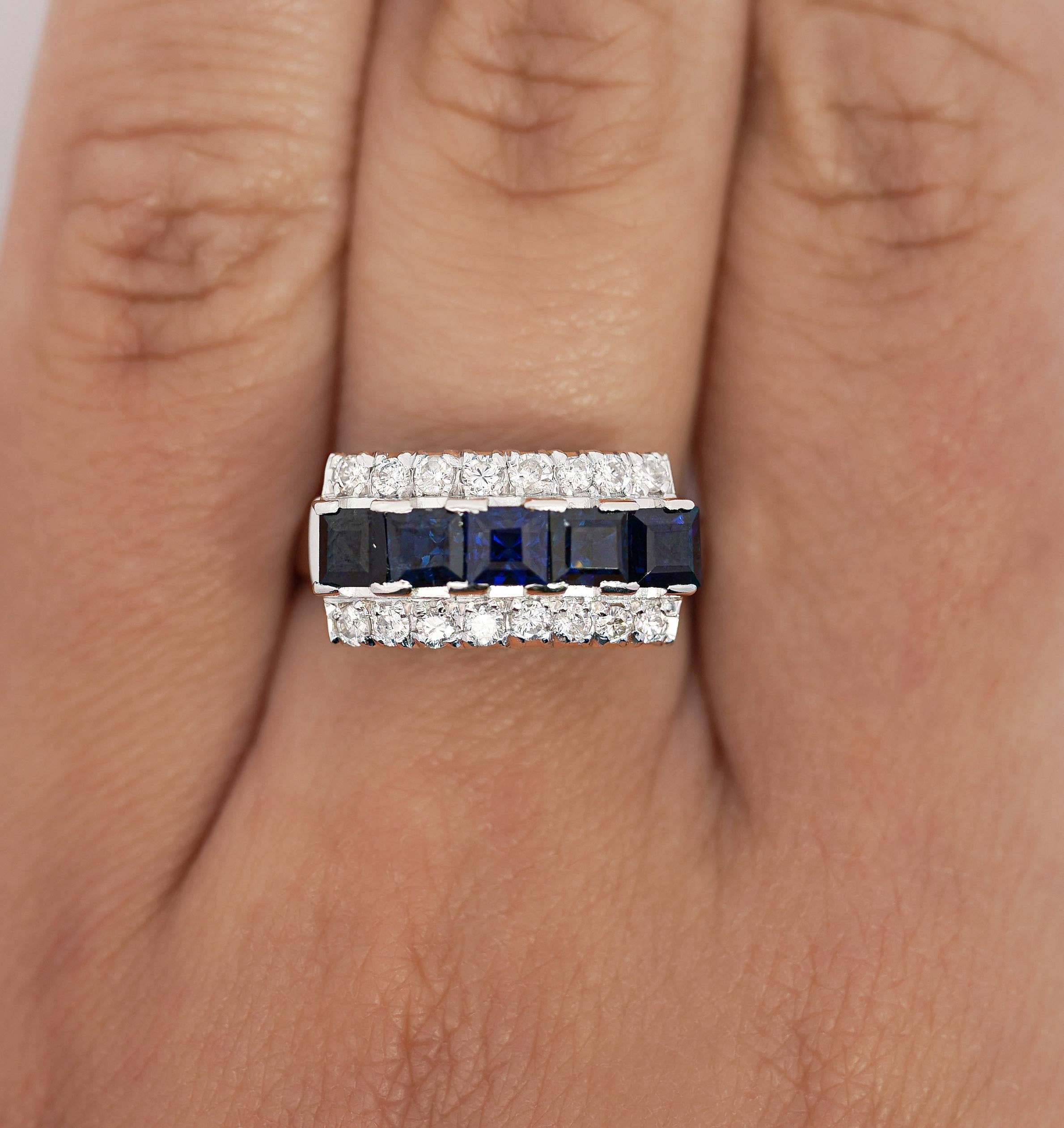 Emerald Cut Natural 2.28 Carat Blue Sapphire & Diamond Cluster 5 Stone Platinum Ring For Sale