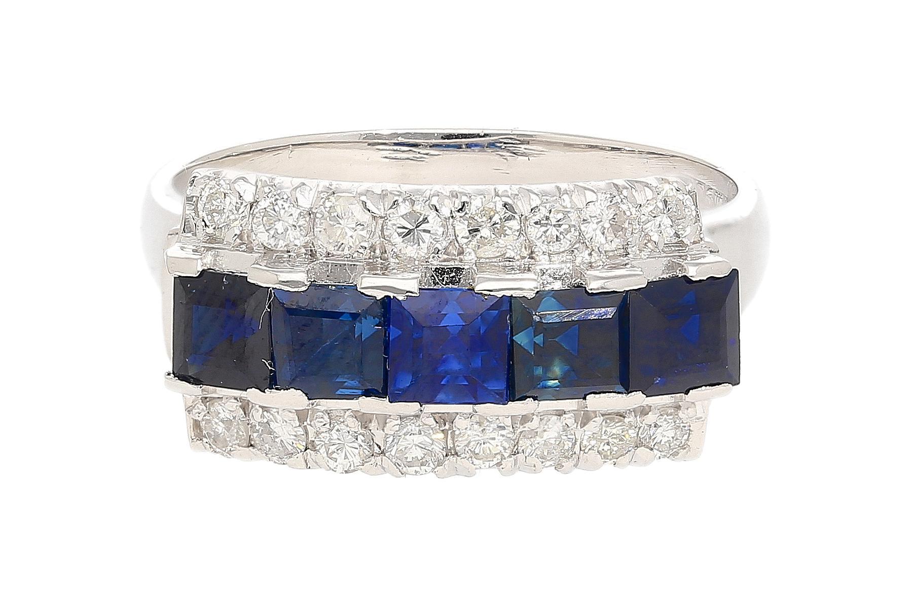 Natural 2.28 Carat Blue Sapphire & Diamond Cluster 5 Stone Platinum Ring For Sale 2