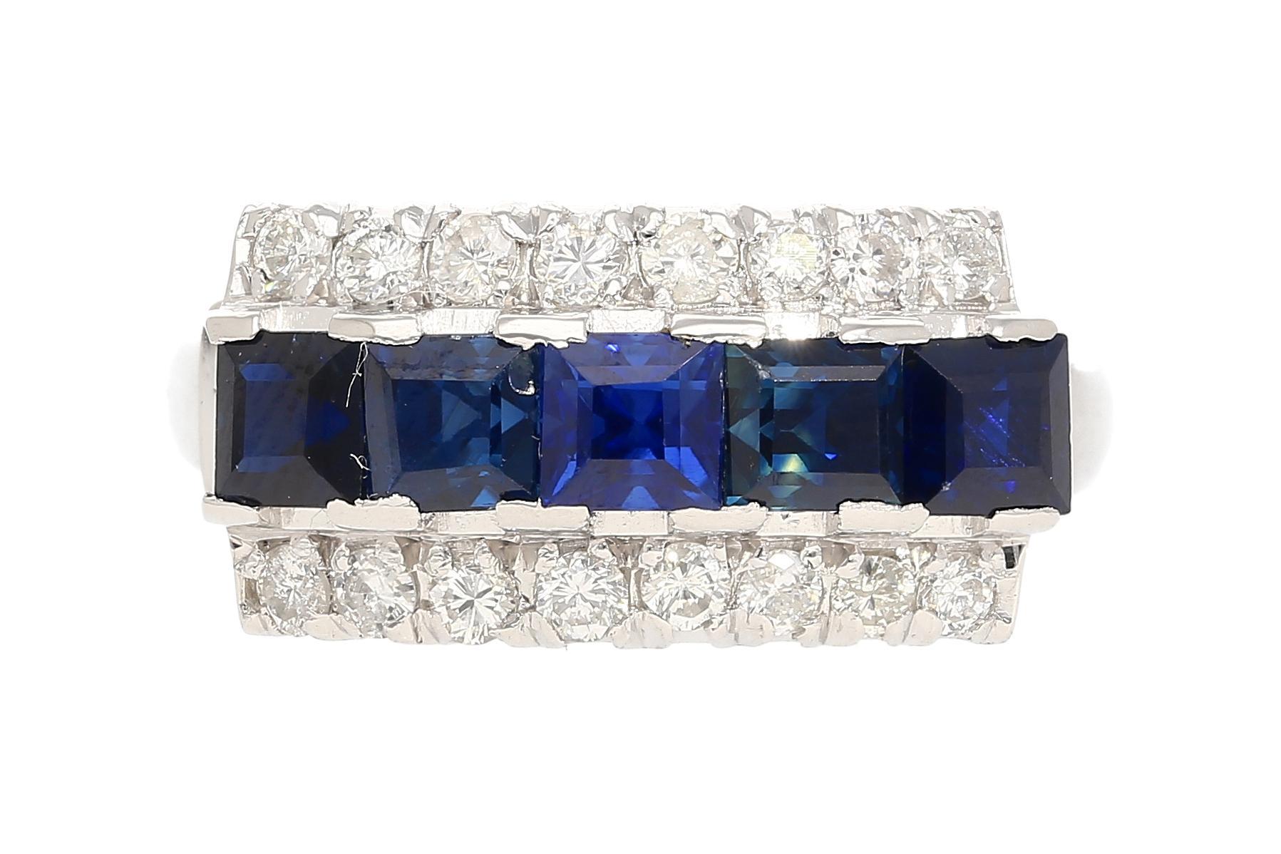 Natural 2.28 Carat Blue Sapphire & Diamond Cluster 5 Stone Platinum Ring For Sale 3