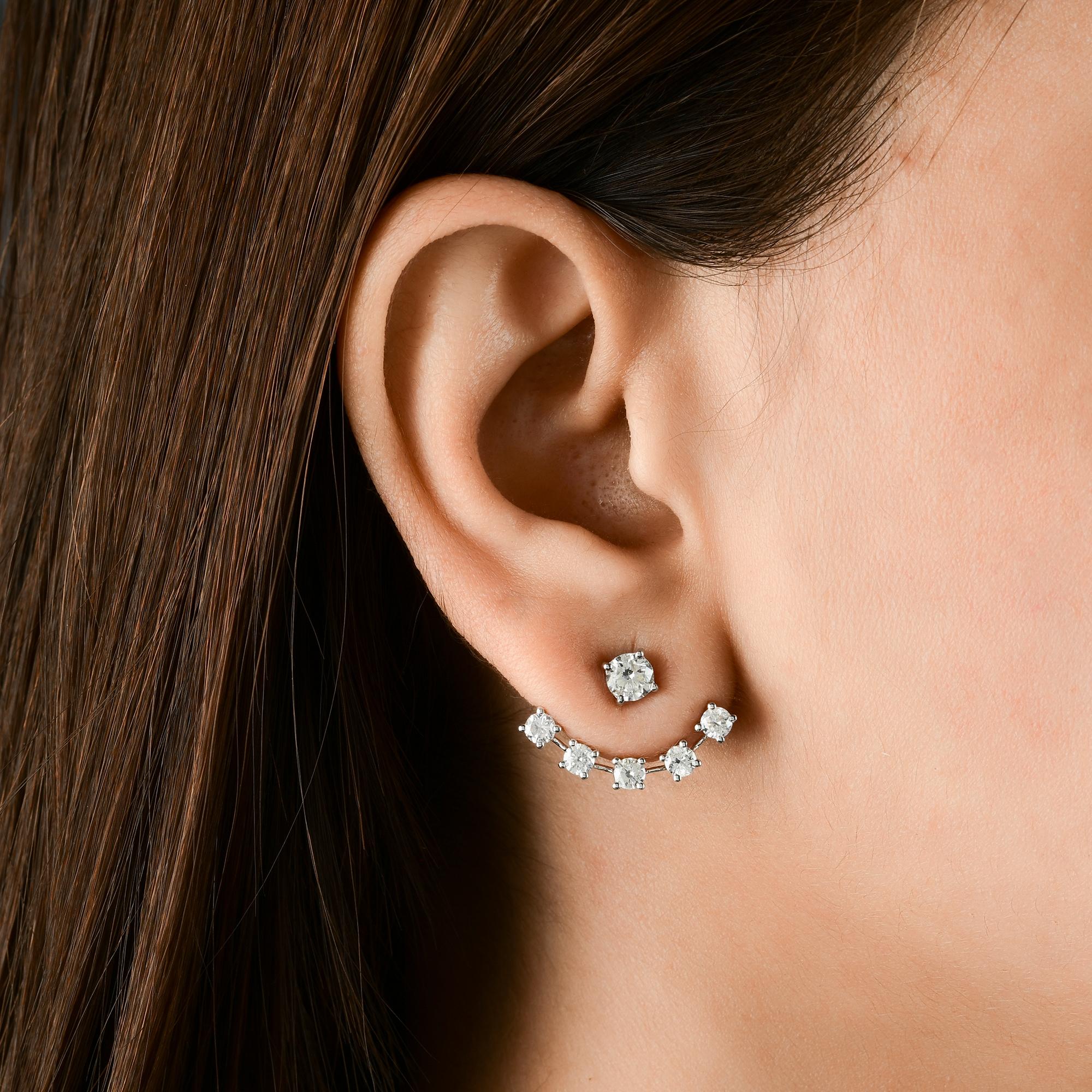 Round Cut Natural 2.28 Carat Diamond Jacket Earrings 14 Karat White Gold Handmade Jewelry For Sale