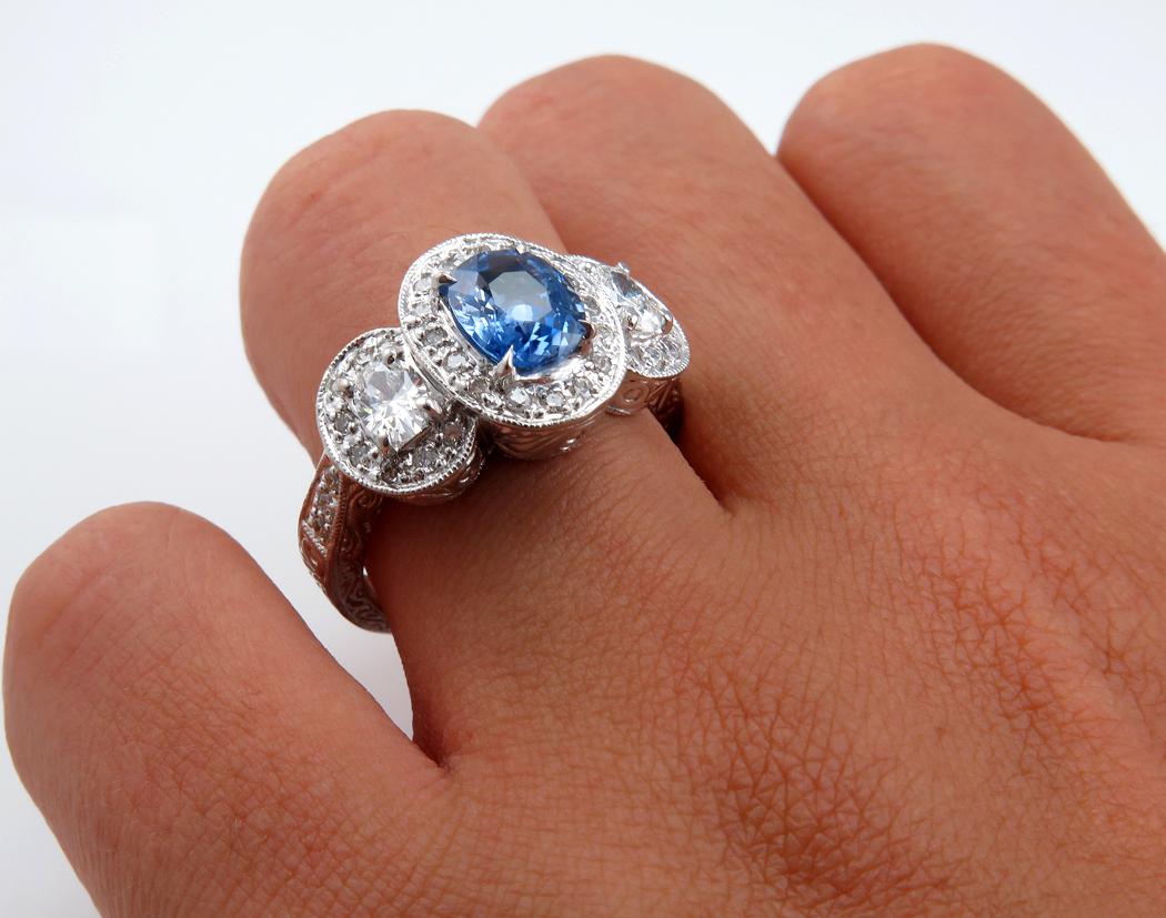 Natural 2.28 Carat Blue Sapphire and Diamond Anniversary White Gold Ring 6