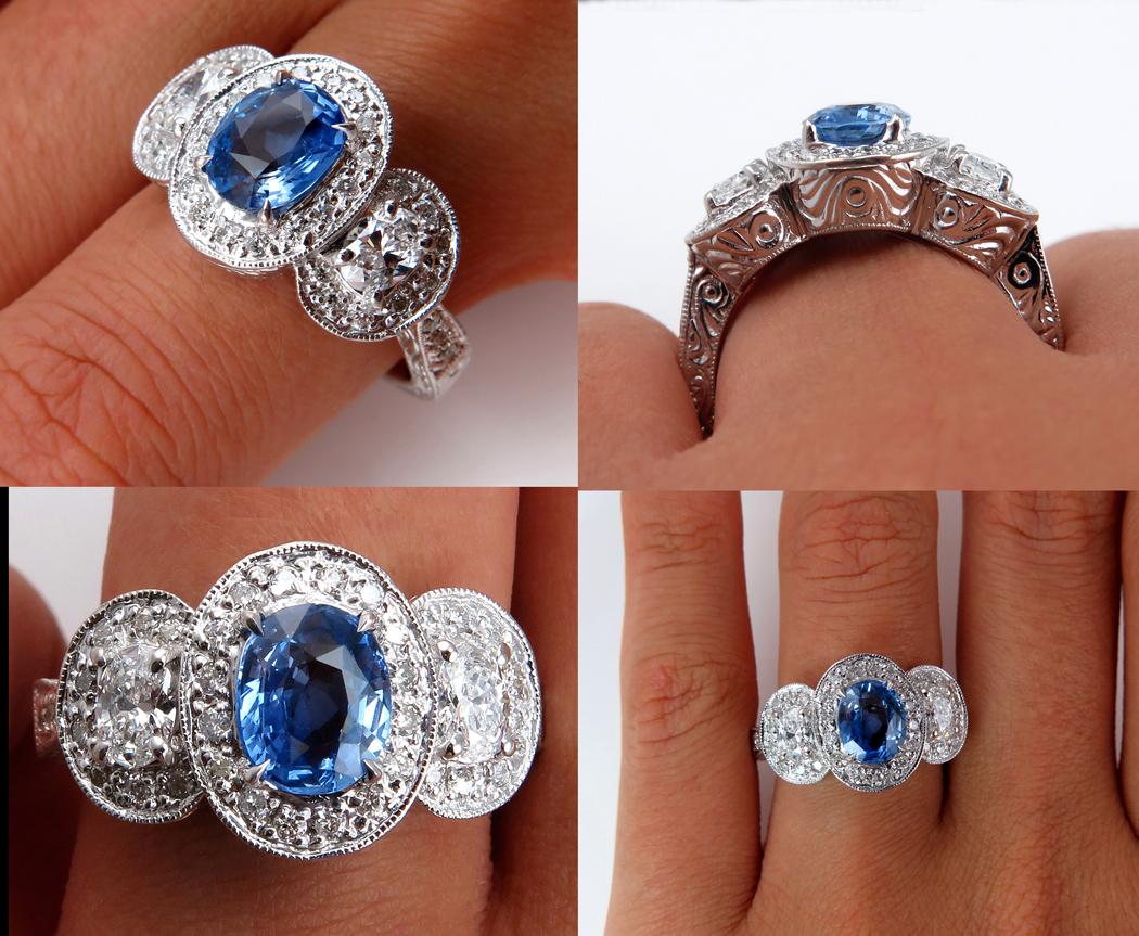 Natural 2.28 Carat Blue Sapphire and Diamond Anniversary White Gold Ring 2