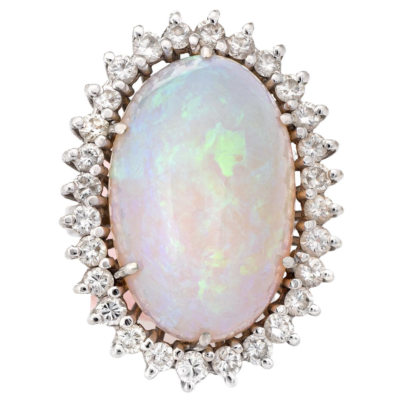 Natural 22ct Opal Ring Vintage 14k White Gold Large Oval Cocktail Jewelry For Sale