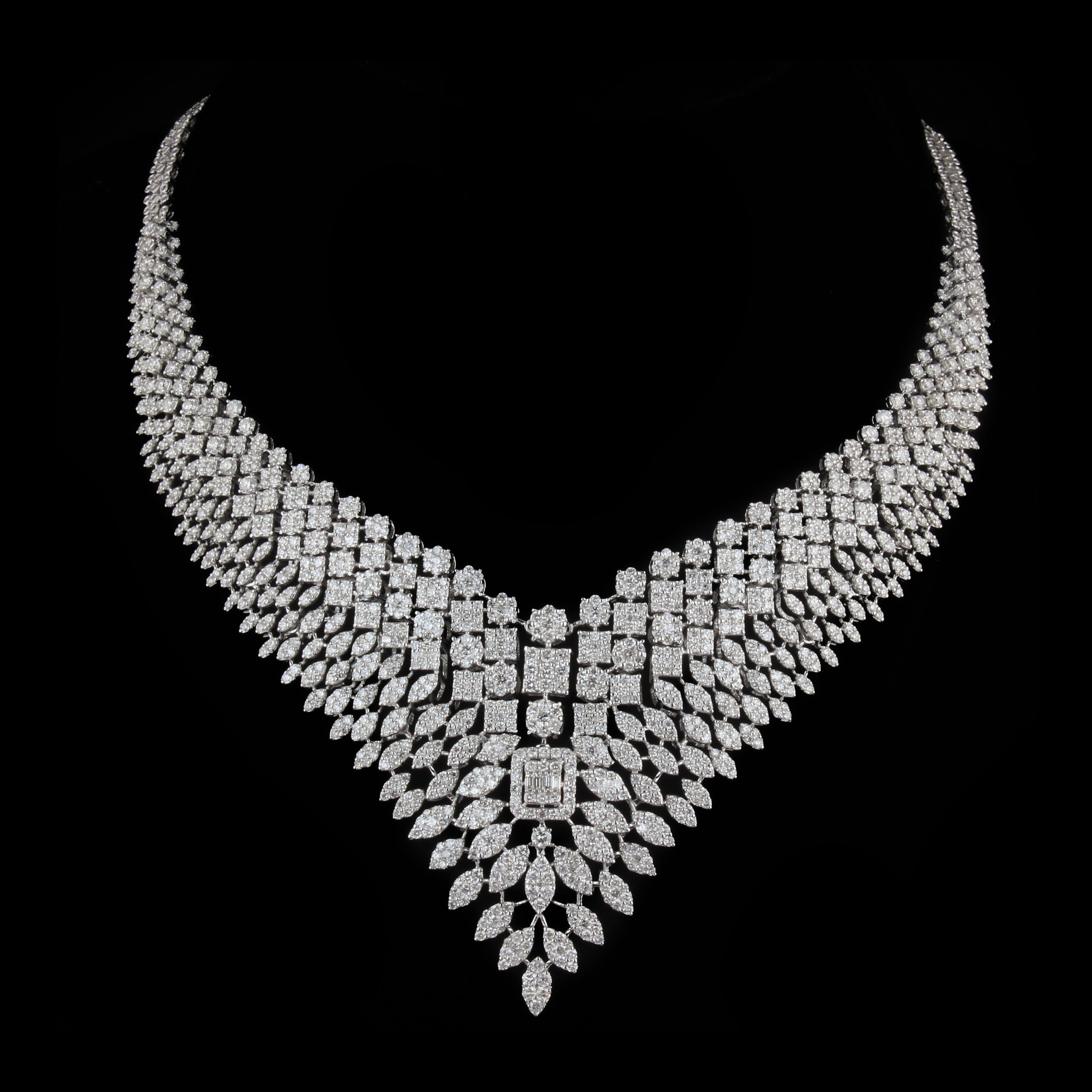 Item Code :- CN-2721
Gross Wt. :- 82.25 gm
18k White Gold Wt. :- 77.61 gm
Natural Diamond Wt. :- 23.20 Ct. ( AVERAGE DIAMOND CLARITY SI1-SI2 & COLOR H-I )
Necklace Size :- 16 inches Long

✦ Sizing
.....................
We can adjust most items to