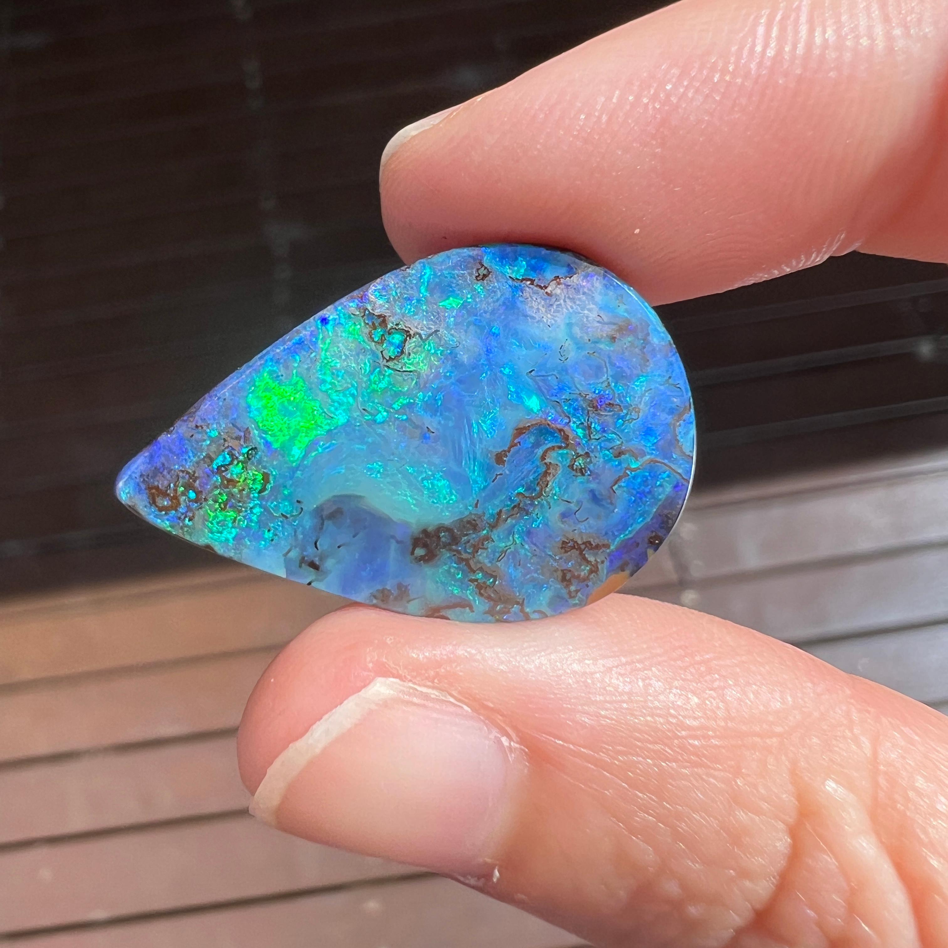 Cabochon Natural 23.20 Ct large teardrop boulder opal mined by Sue Cooper For Sale