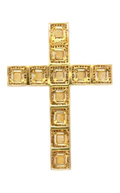 Natural 2.33 Carat Princess Cut Yellow Sapphire & Diamond Halo Cross Pendant