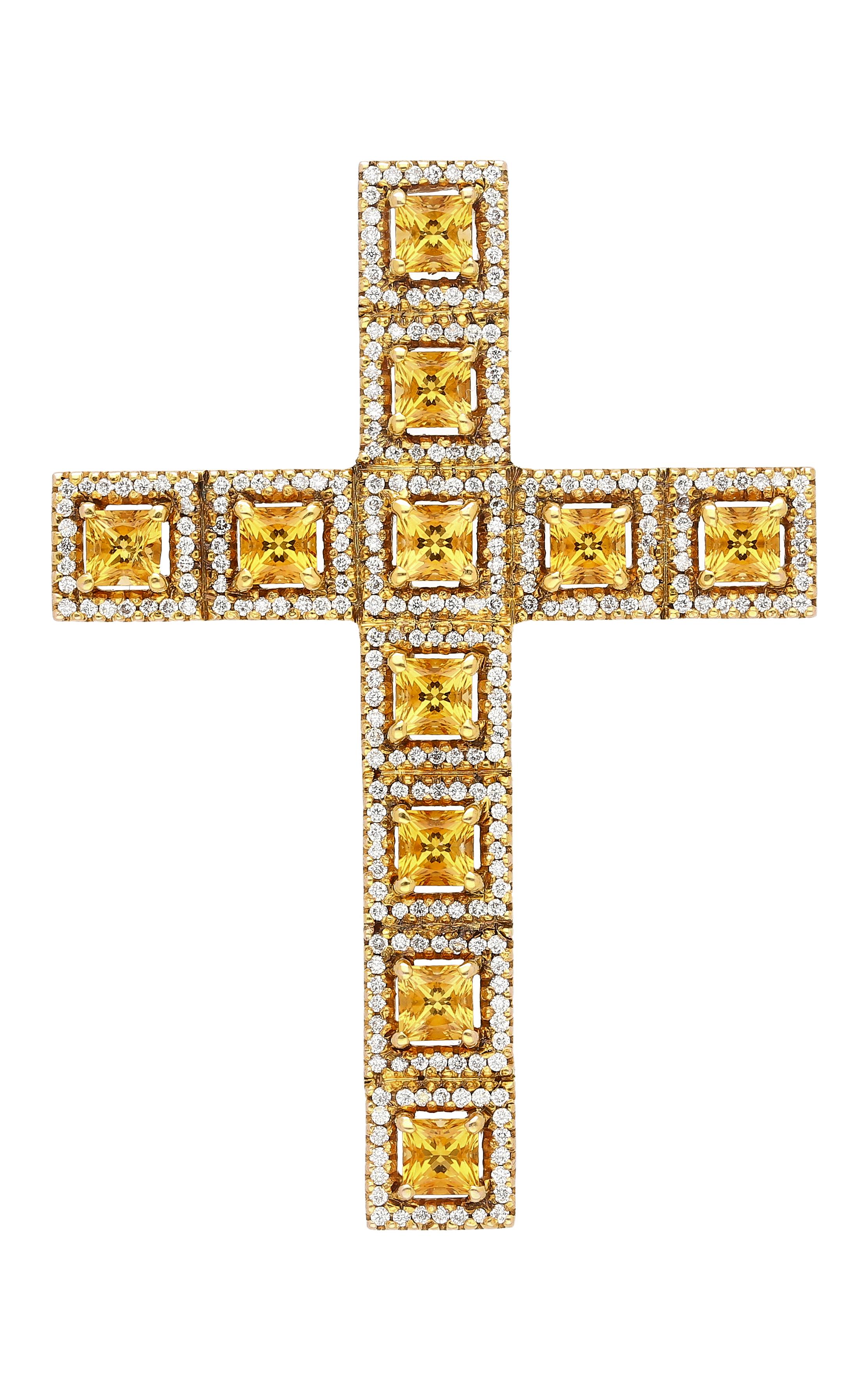 Contemporary Natural 2.33 Carat Princess Cut Yellow Sapphire & Diamond Halo Cross Pendant For Sale