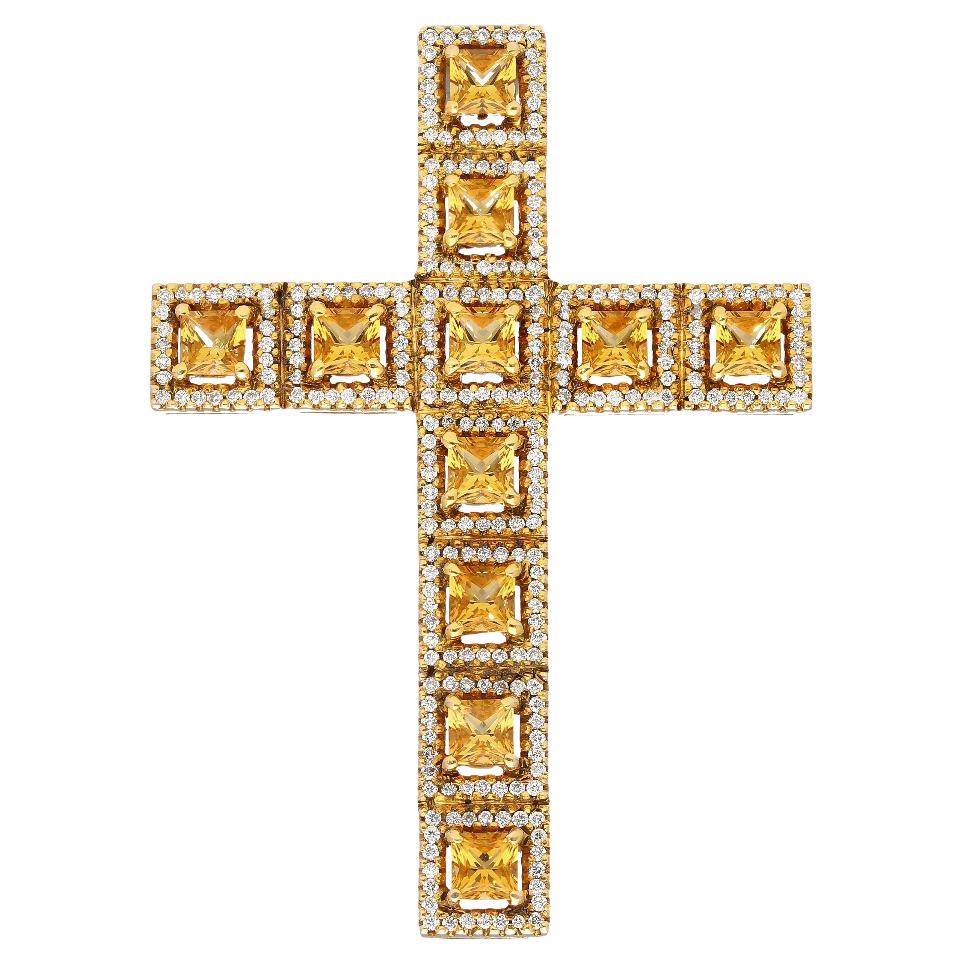 Natural 2.33 Carat Princess Cut Yellow Sapphire & Diamond Halo Cross Pendant For Sale