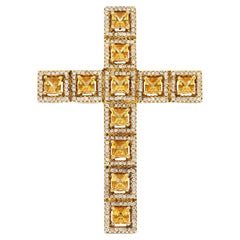 Natural 2.33 Carat Princess Cut Yellow Sapphire & Diamond Halo Cross Pendant