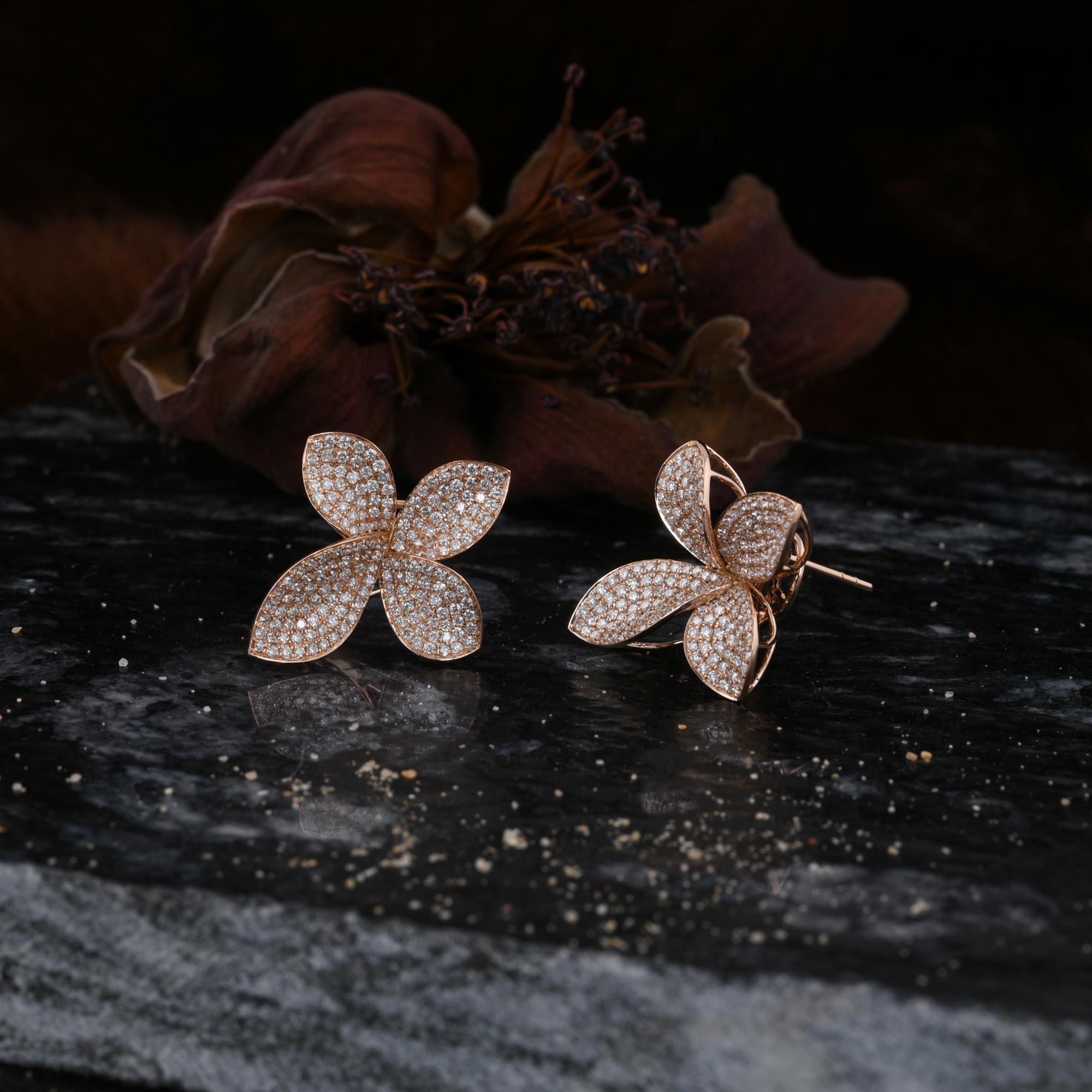 Modern Natural 2.35 Carat Diamond Flower Earrings 14 Karat Rose Gold Handmade Jewelry For Sale
