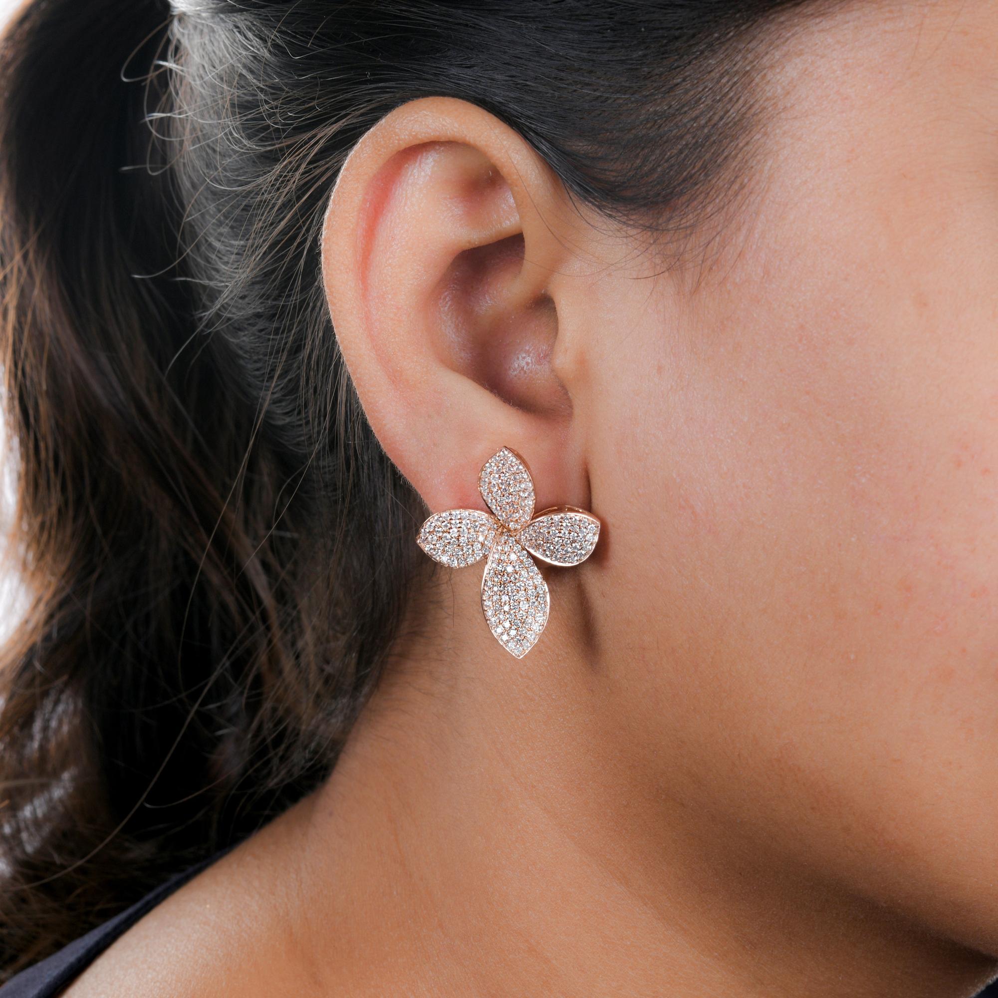 Round Cut Natural 2.35 Carat Diamond Flower Earrings 14 Karat Rose Gold Handmade Jewelry For Sale