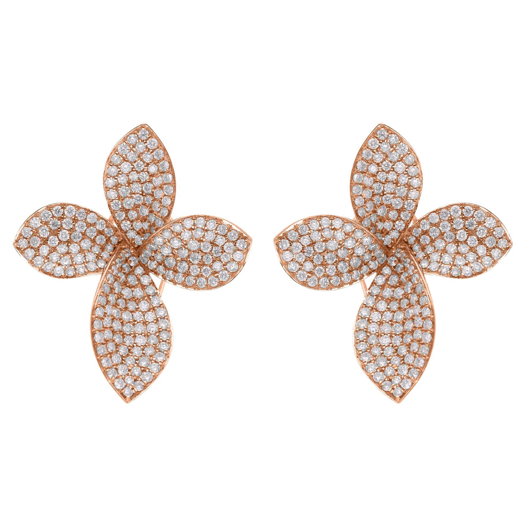 Natural 2.35 Carat Diamond Flower Earrings 14 Karat Rose Gold Handmade Jewelry For Sale