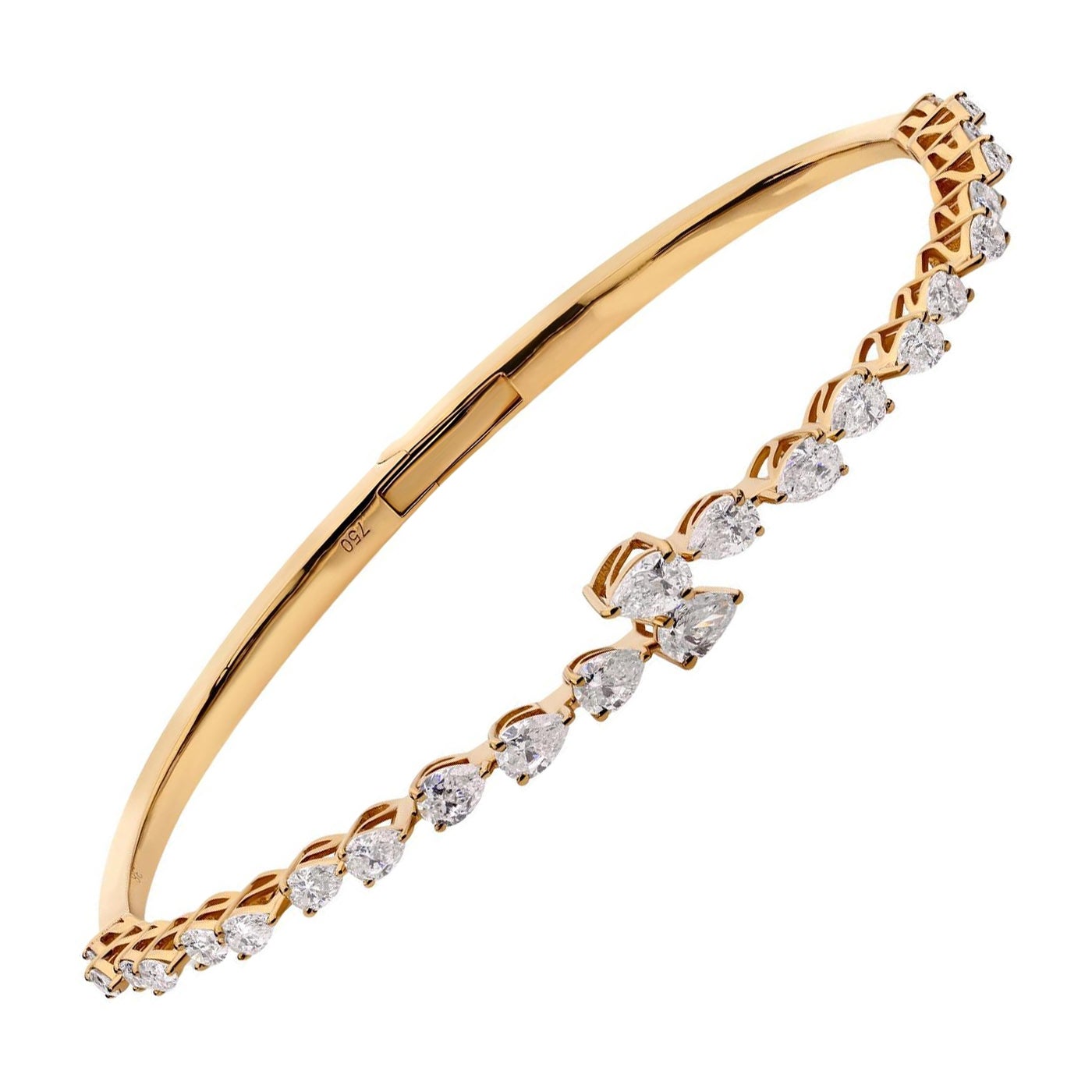 Natural 2.37 Carat SI/H Pear Diamond Cuff Bangle Bracelet 18 Karat Yellow Gold