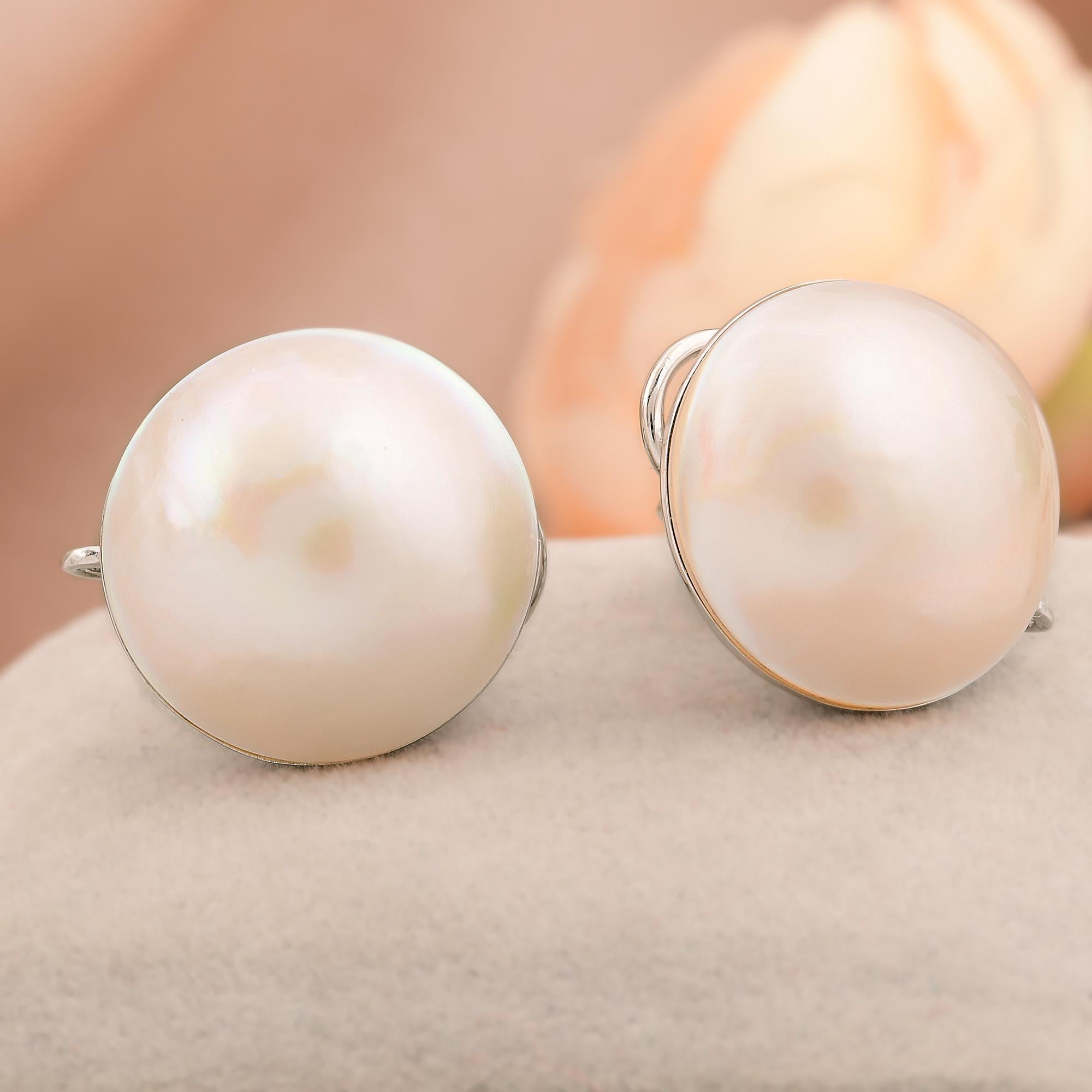 Modern Natural 23.86 Carat Pearl Gemstone Stud Earrings Solid 14k White Gold Jewelry For Sale