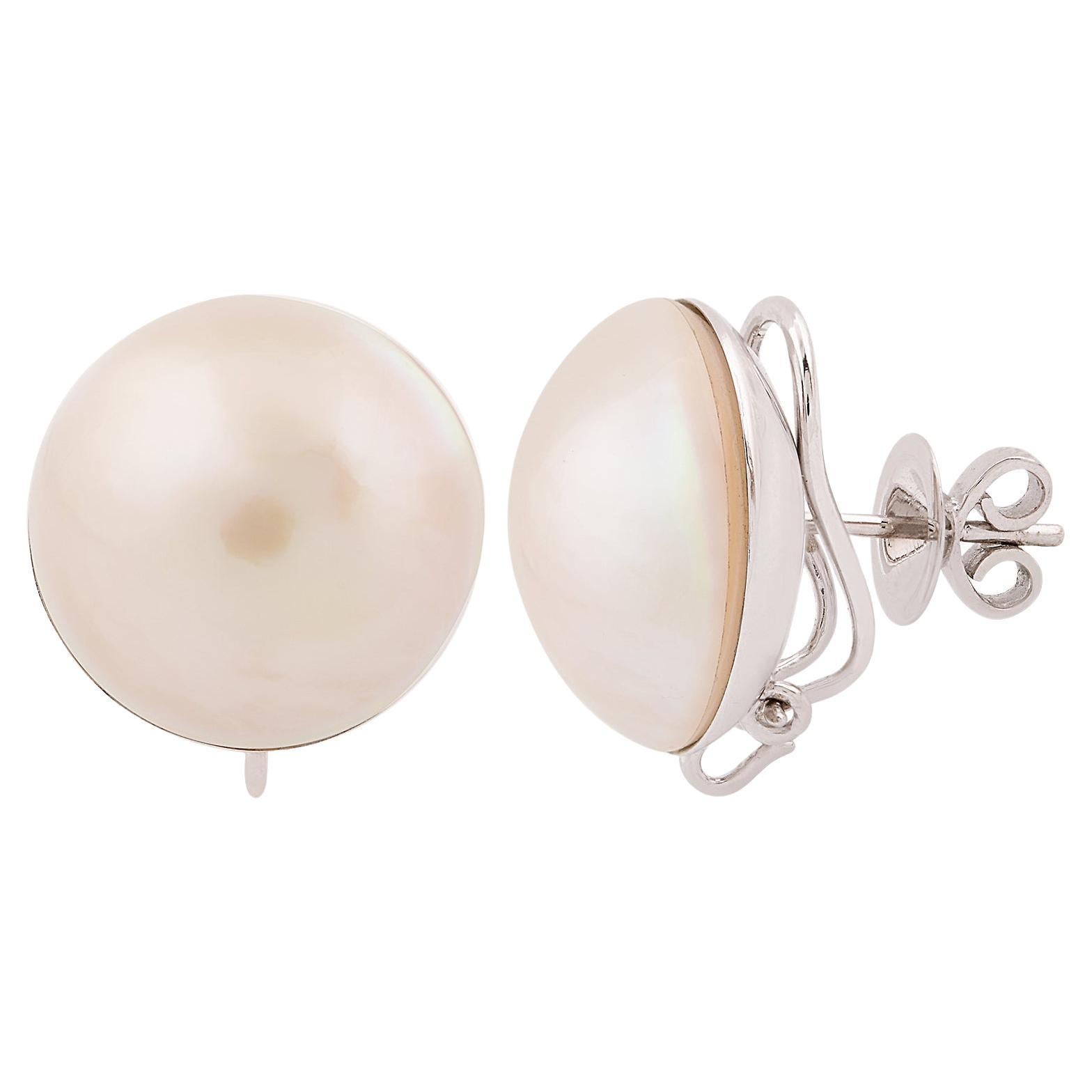 Natural 23.86 Carat Pearl Gemstone Stud Earrings Solid 18k White Gold Jewelry For Sale