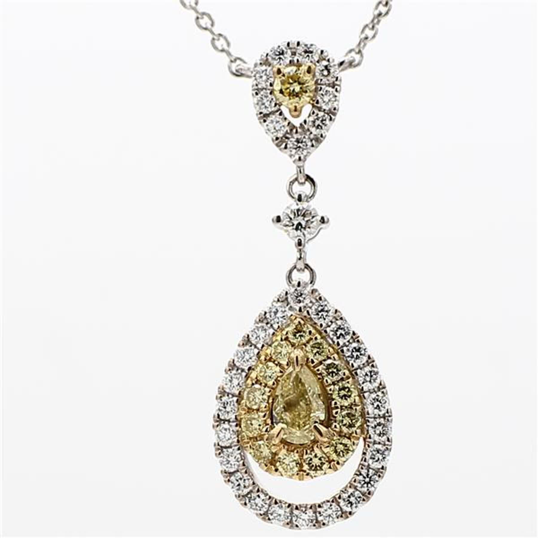 RareGemWorld's classic diamond necklace. Mounted in a beautiful 18K Yellow and White Gold setting with a natural pear cut yellow diamond. The yellow diamond is surrounded by round natural white diamond melee and round natural yellow diamond melee.
