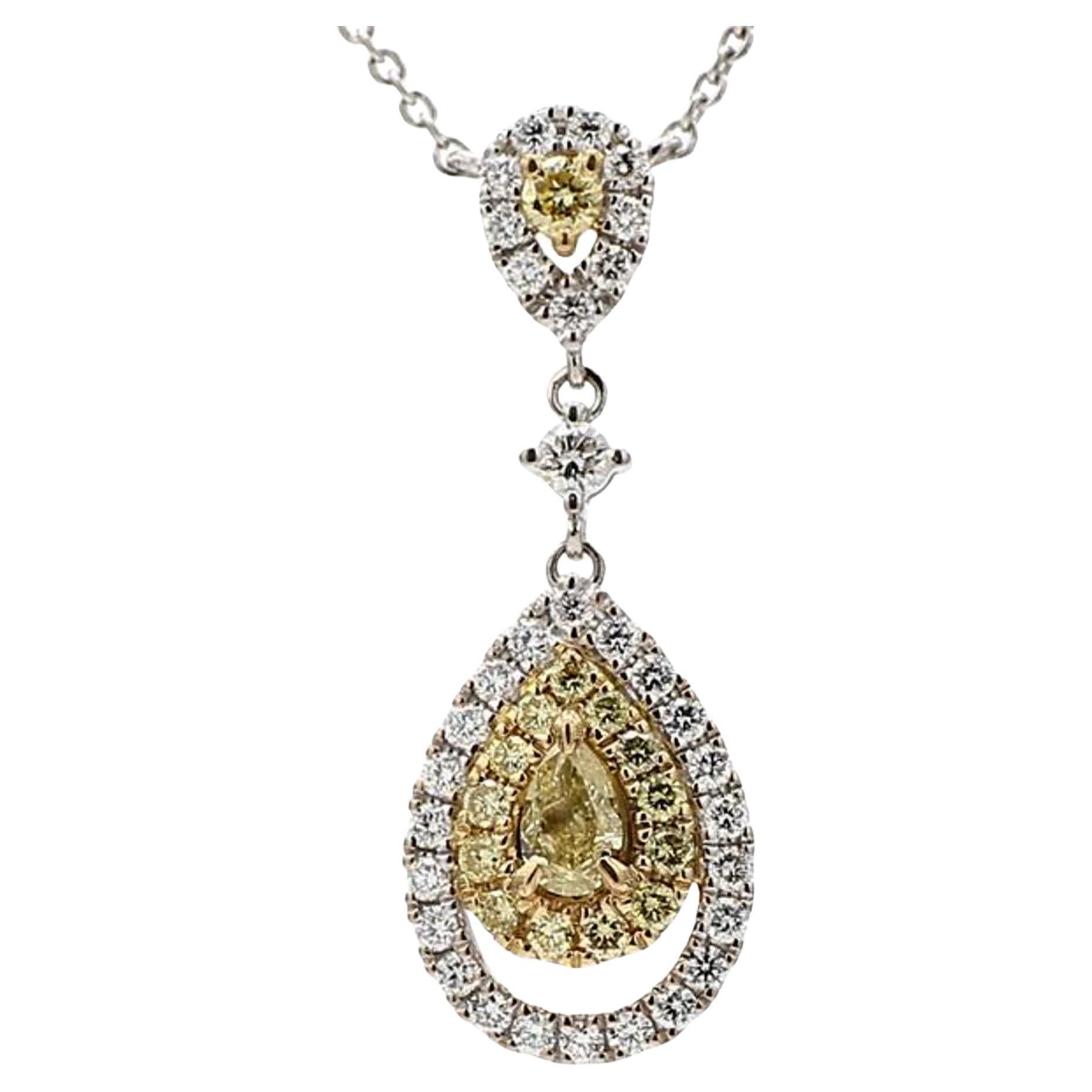 Natural Yellow Pear and White Diamond 1.07 Carat TW Gold Drop Necklace For Sale