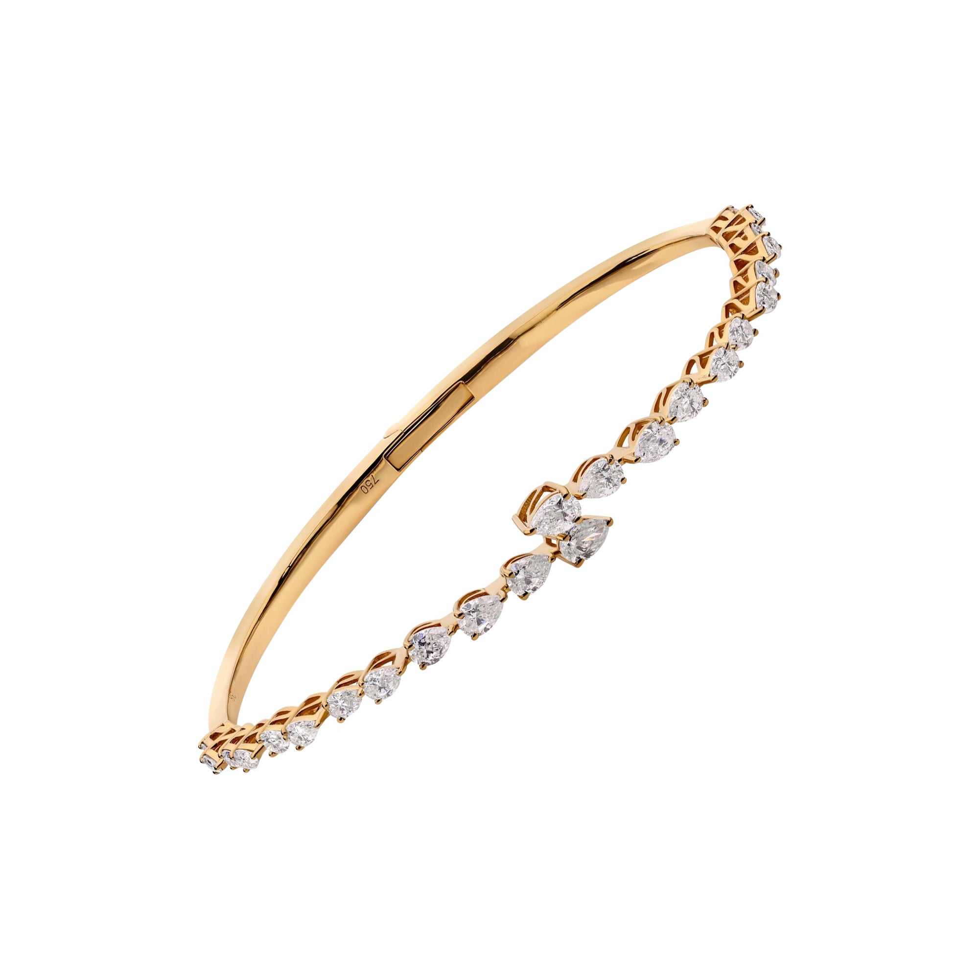 Natural 2.4Ct Pear Diamond Open Cuff Bangle Bracelet 18k Yellow Gold