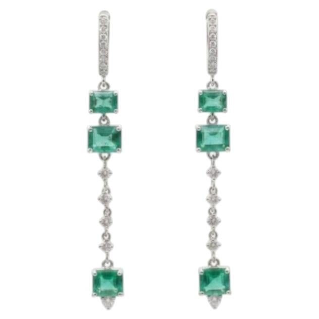 Designer 14K White Gold Emerald 2.41ct & Diamond 0.35ct Earrings