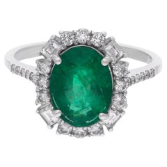 Anello con smeraldo dello Zambia naturale da 2,43 carati e diamante da 0,6 carati in oro bianco da 14 carati