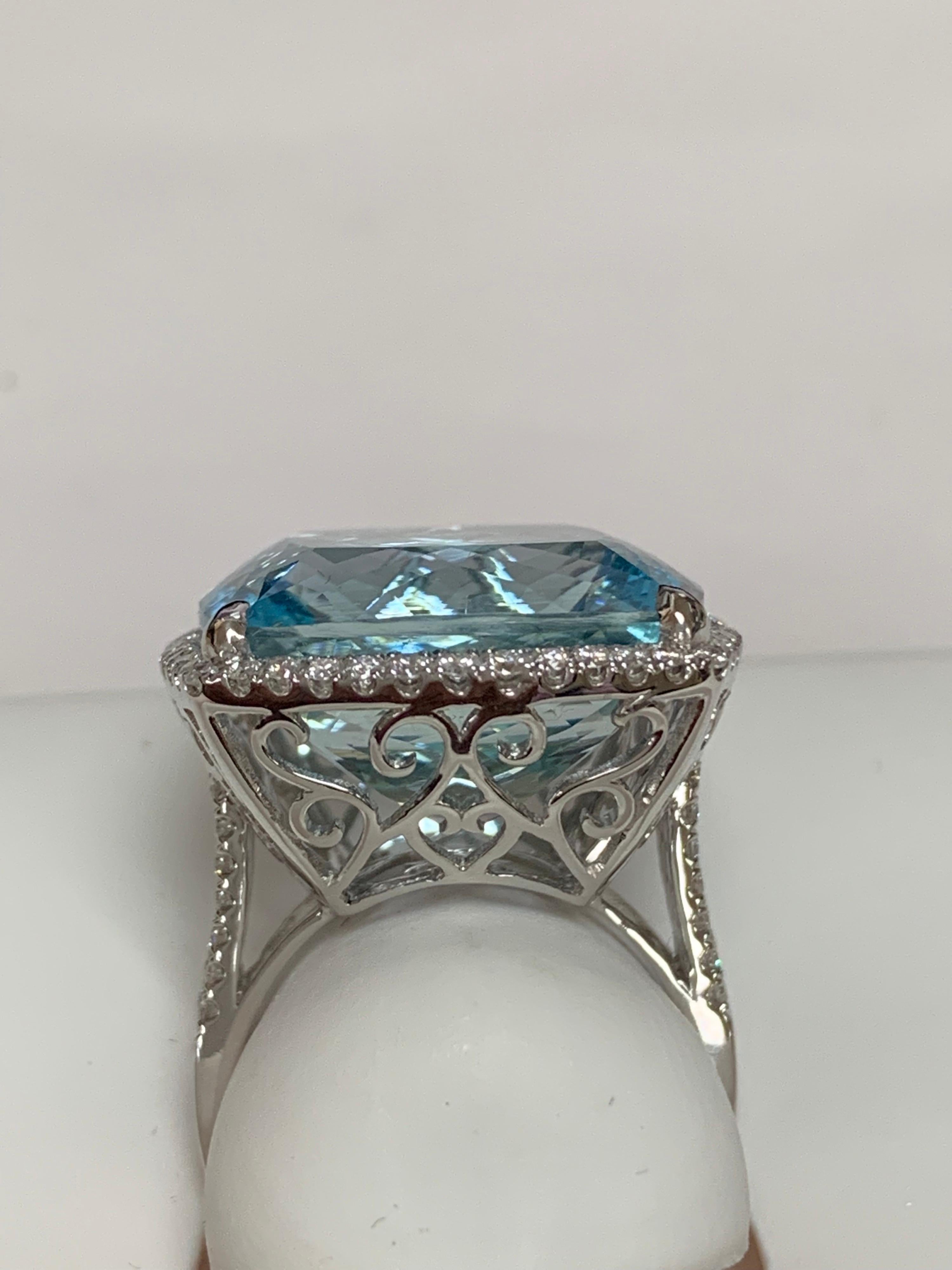 Cushion Cut Natural 24.45 Carat Aquamarine and Diamonds Ring