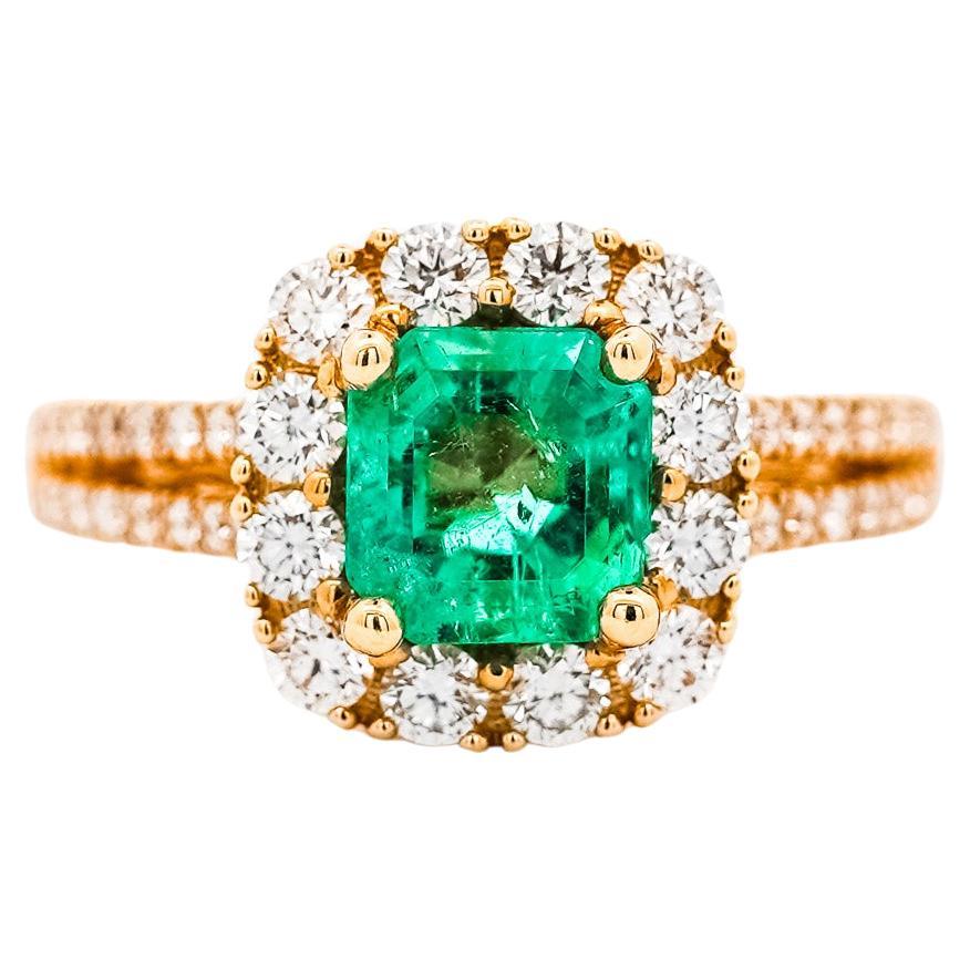 Natural 2.48 Carat TW Colombian Emerald & Diamond Halo 2-Row Ring in 18K Gold For Sale