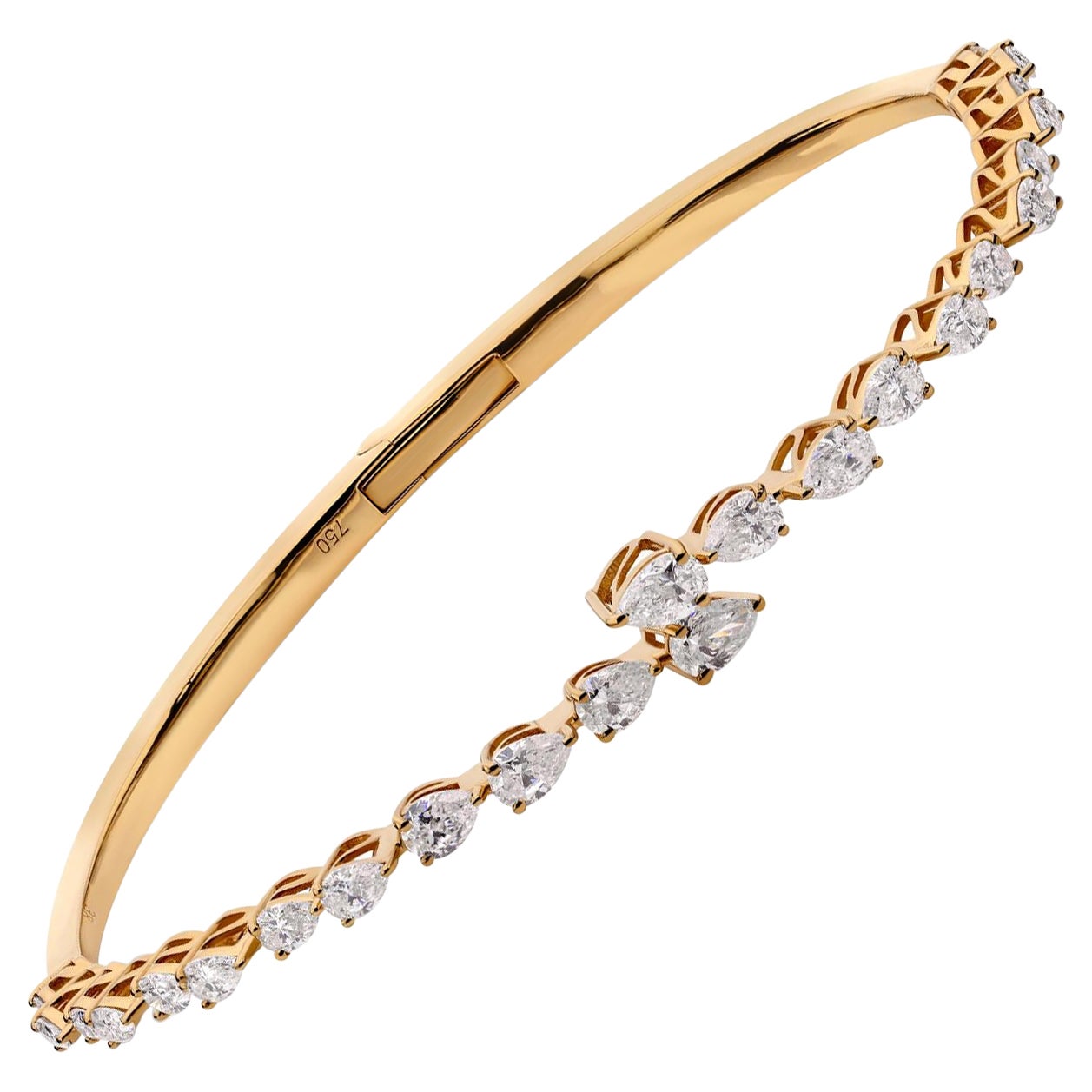Nature 2.4ct Pear Cut SI/H Diamond Open Cuff Bangle Bracelet 14k Yellow Gold