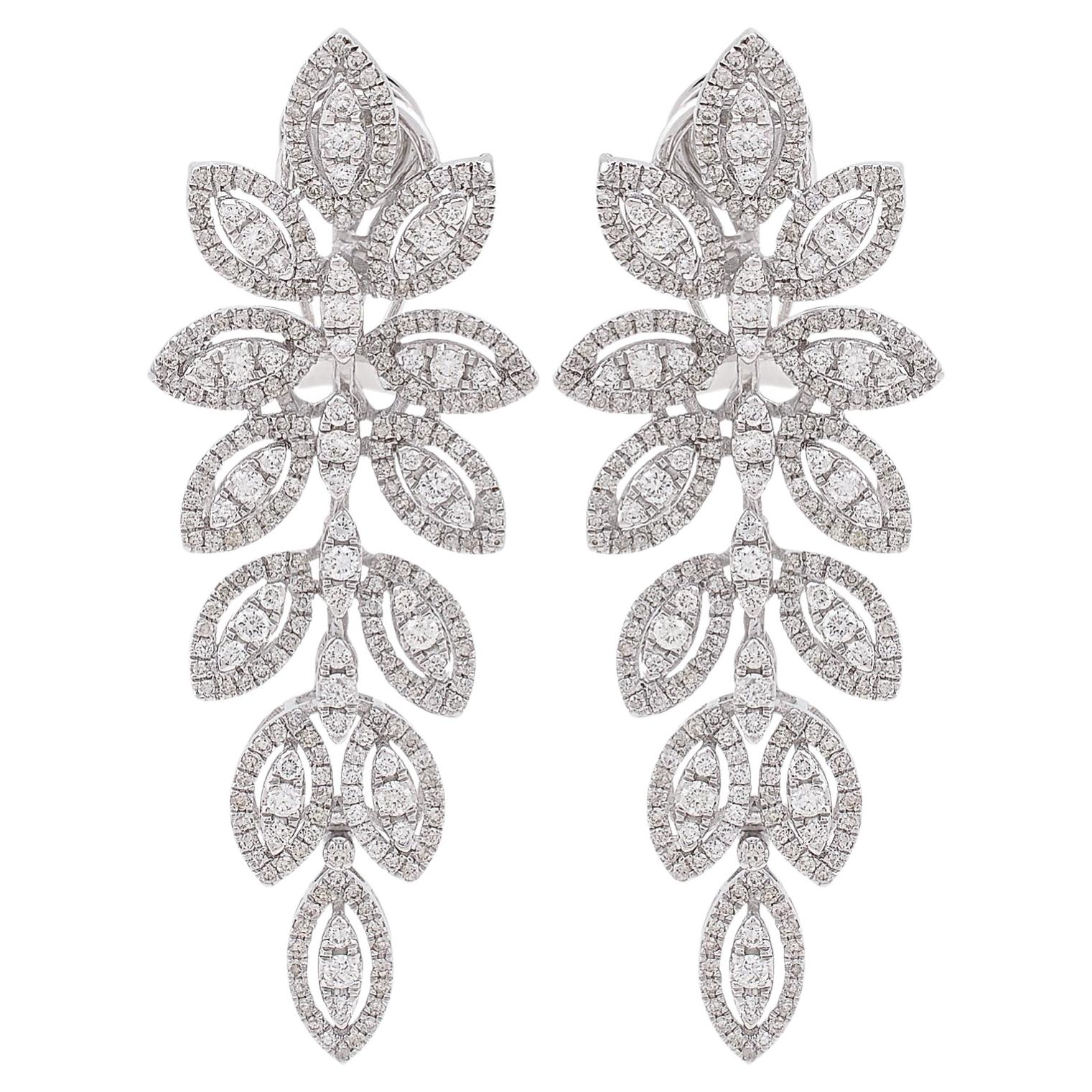 Natural 2.50 Carat Diamond Pave Dangle Earrings 14k White Gold Handmade Jewelry