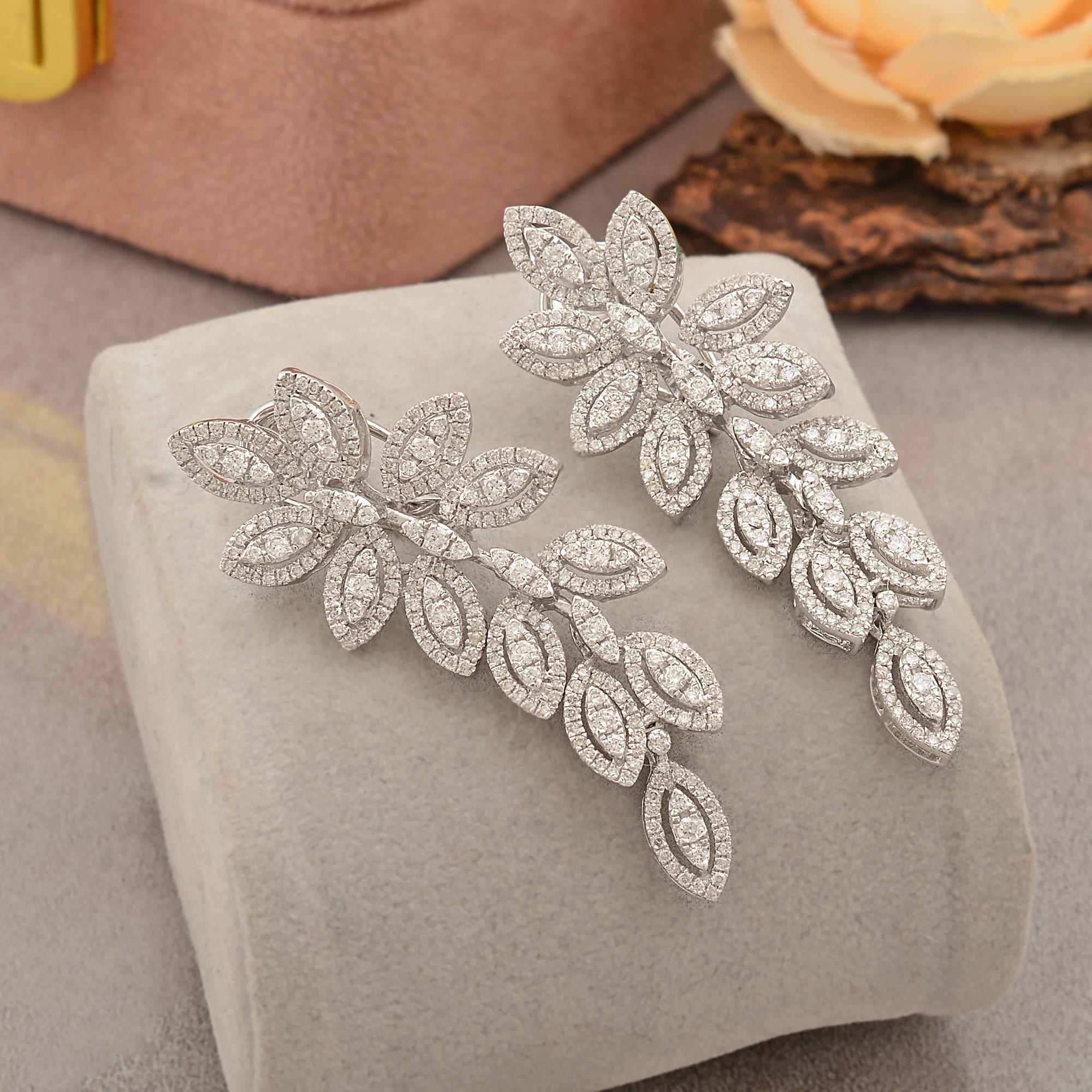 Modern Natural 2.50 Carat Diamond Pave Dangle Earrings 18k White Gold Handmade Jewelry For Sale