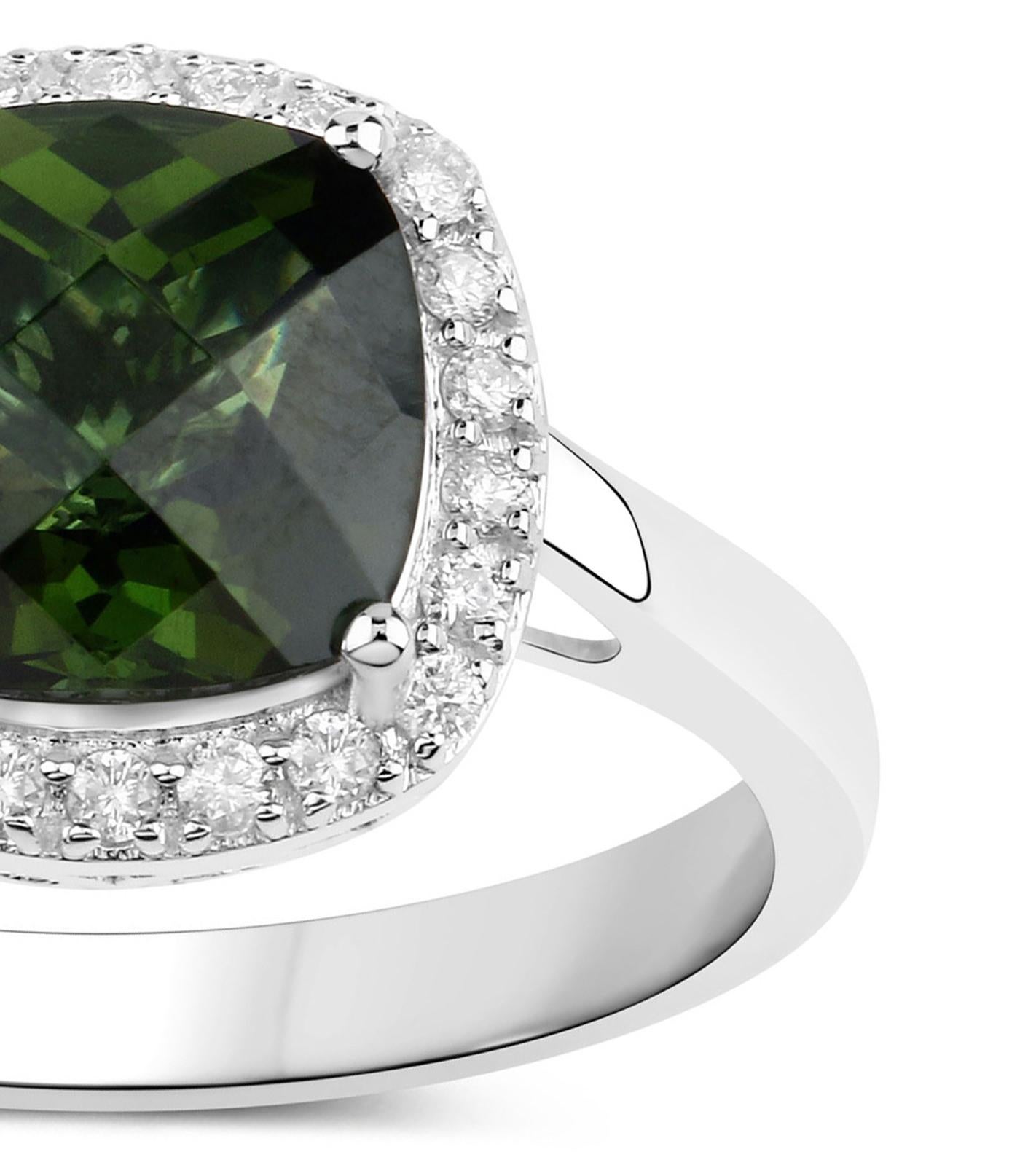 Cushion Cut Natural 2.50 Carat Green Tourmaline Ring With Diamond Halo 14K White Gold For Sale