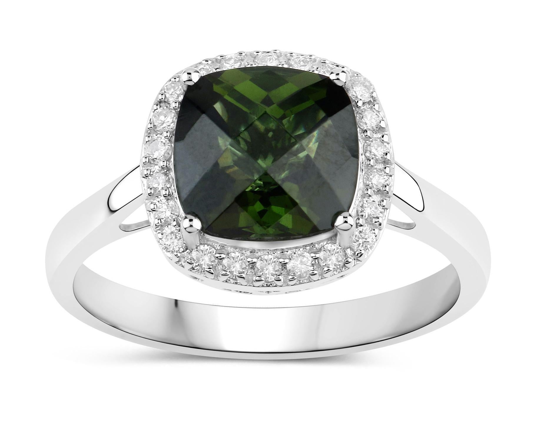 Natural 2.50 Carat Green Tourmaline Ring With Diamond Halo 14K White Gold In New Condition For Sale In Laguna Niguel, CA