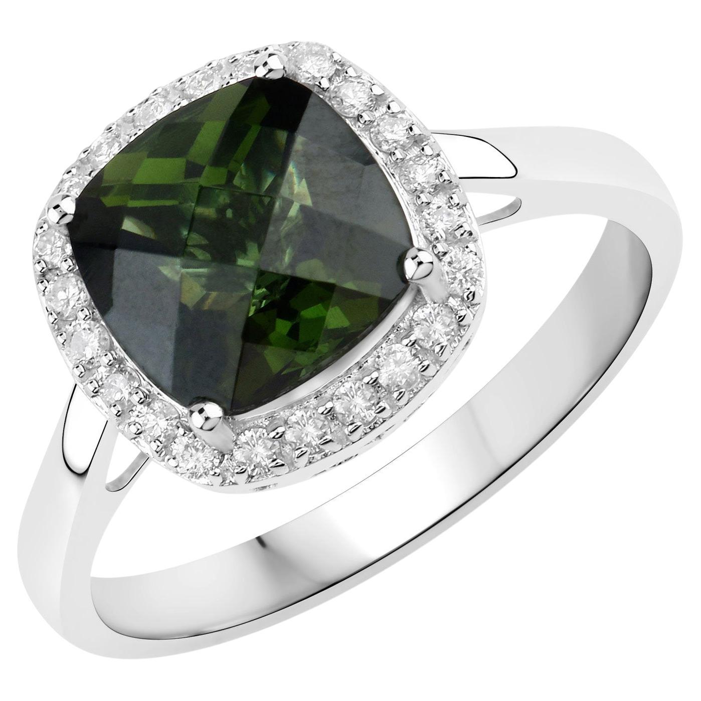Natural 2.50 Carat Green Tourmaline Ring With Diamond Halo 14K White Gold For Sale