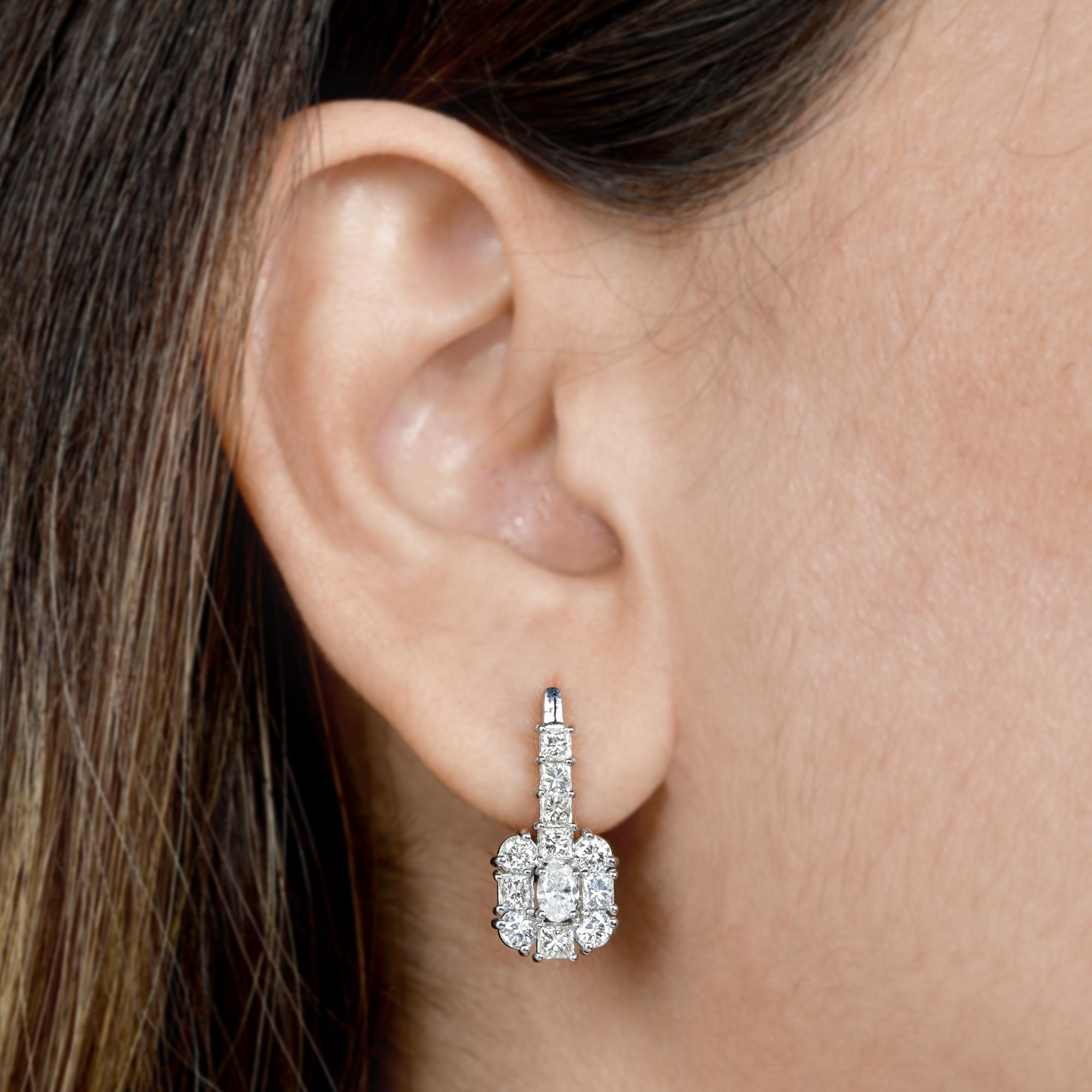 Baguette Cut Natural 2.50 Carat SI/H Princess Cut Diamond Dangle Earrings 18k White Gold For Sale