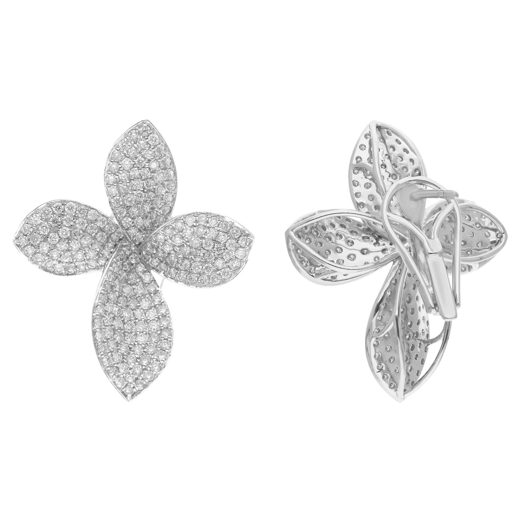 Natural 2.55 Carat Diamond Flower Earrings 14 Karat White Gold Handmade Jewelry