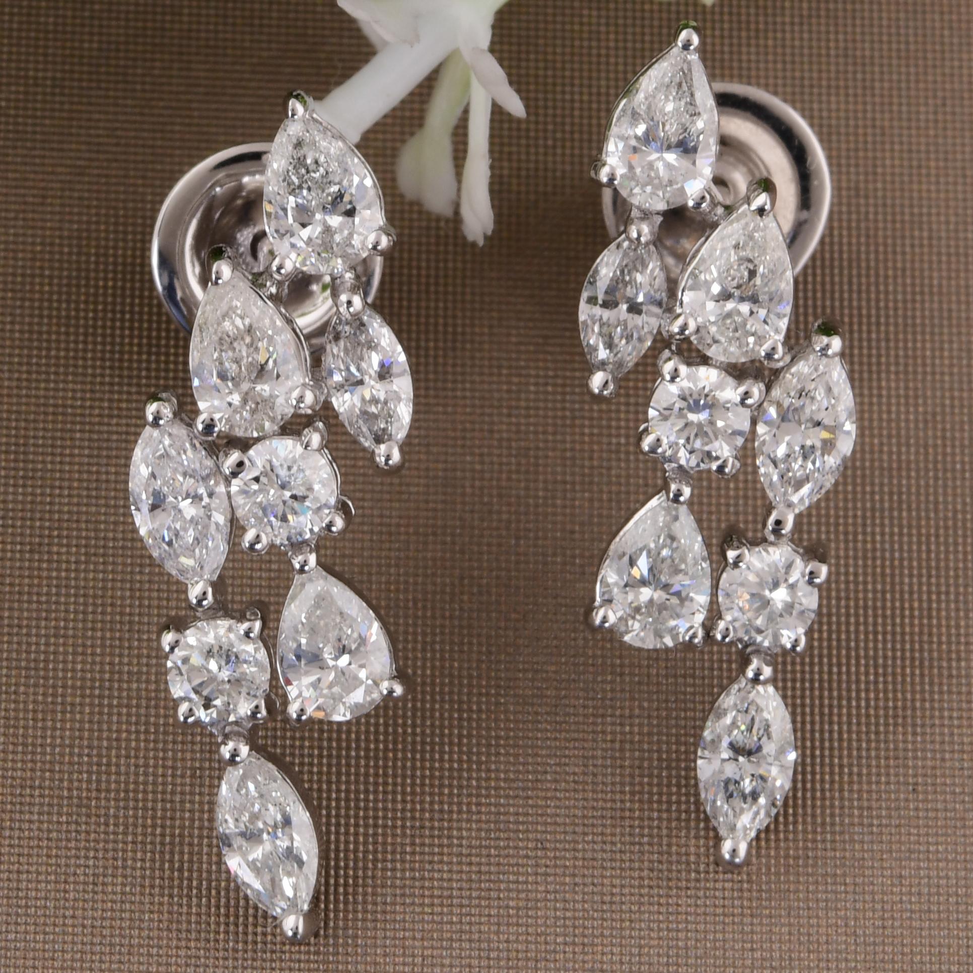 Natural 2.55 Carat Multi Shape Diamond Earrings 18 Karat White Gold Fine Jewelry For Sale 2